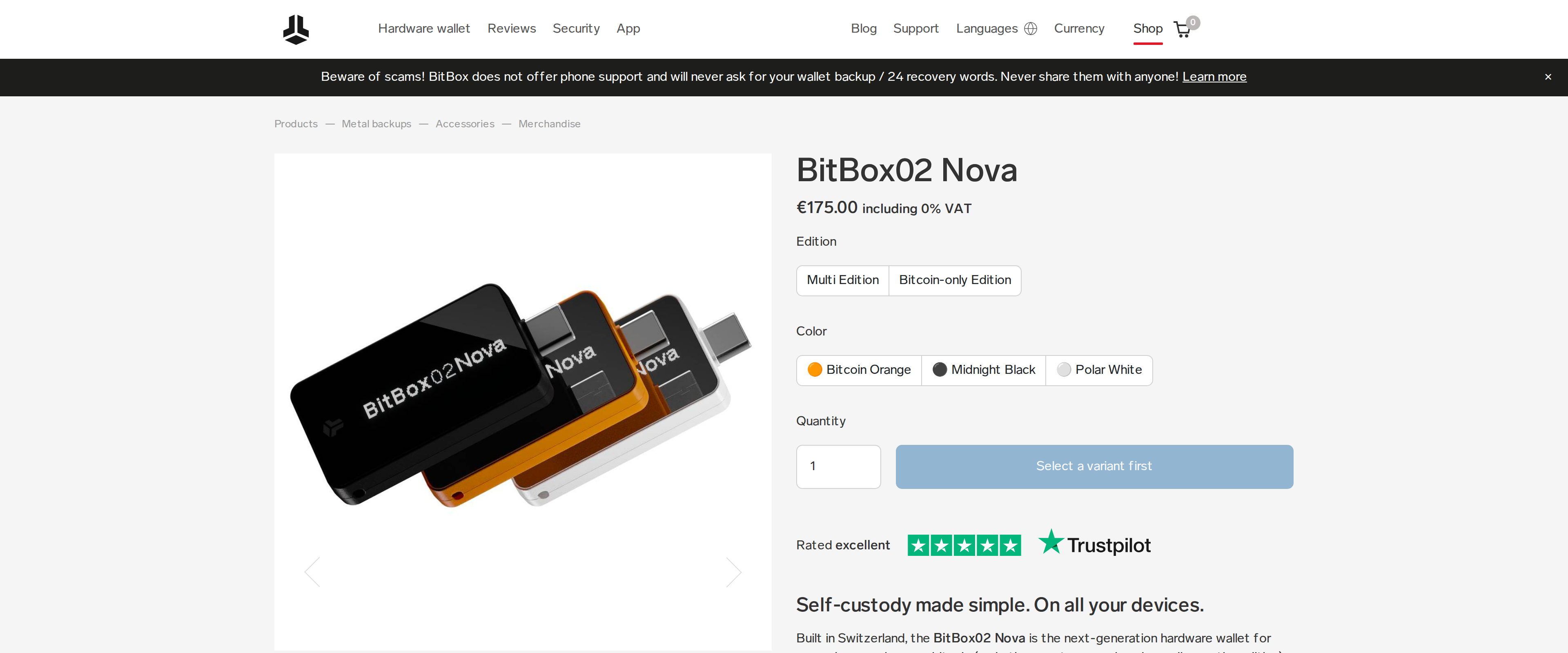 BitBox02 Nova shop page showing the price €175.00 including 0% VAT next to a product photo of the device