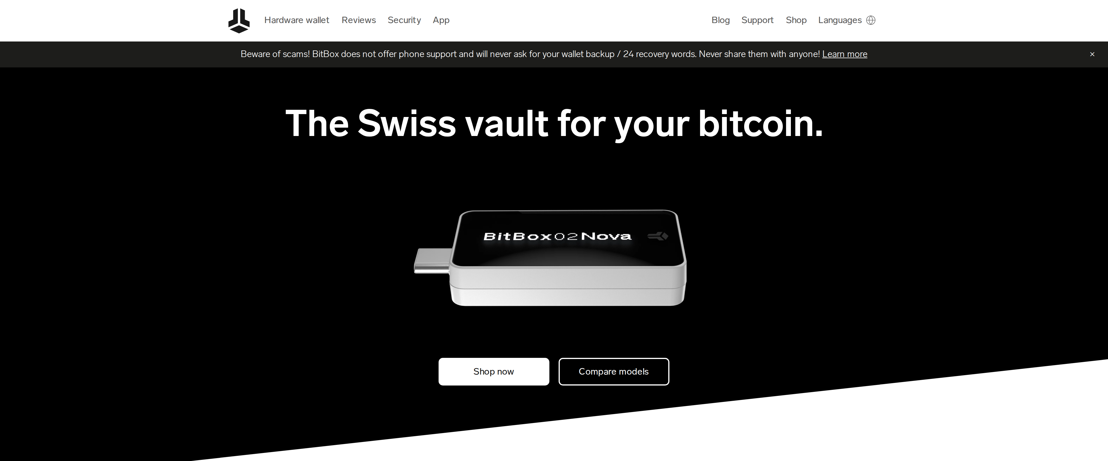The BitBox homepage's dark hero, The Swiss vault for your bitcoin, with an autoplaying product demo.
