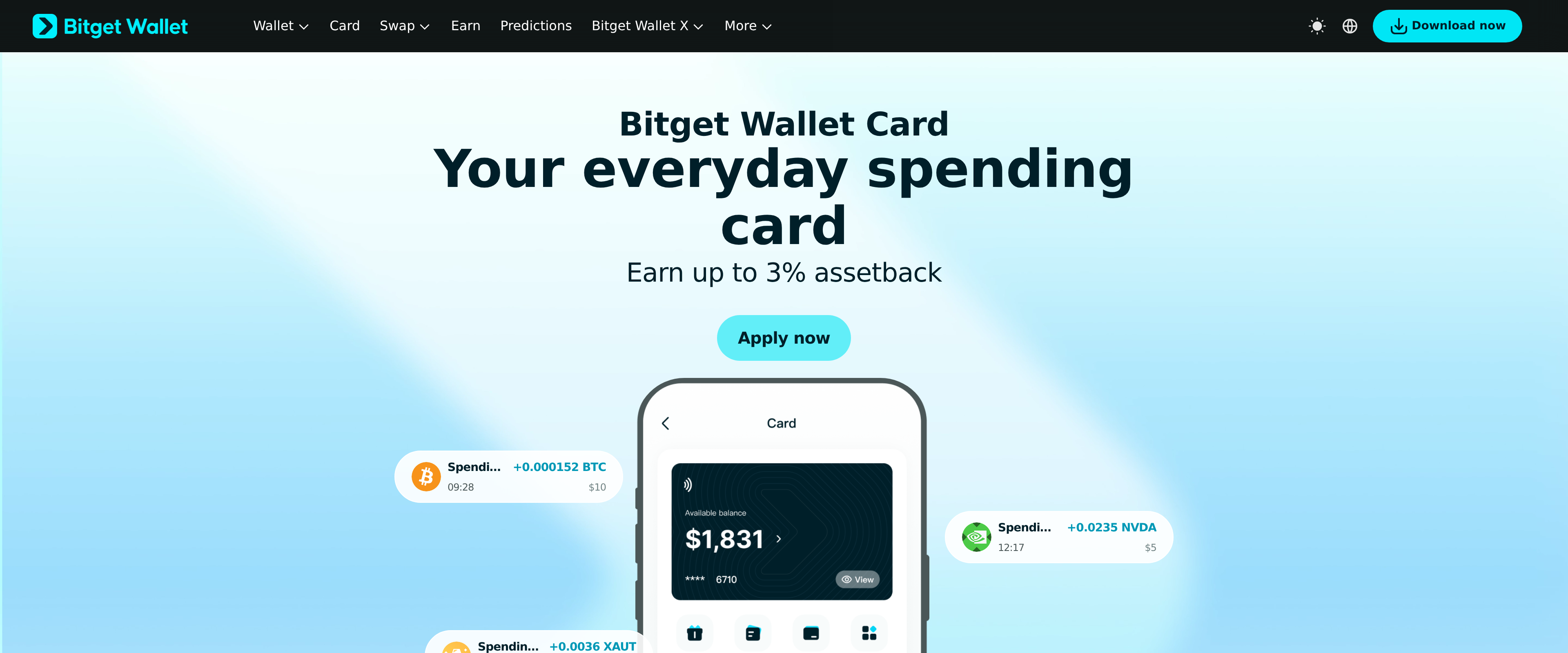 The Bitget Wallet Card page, Your everyday spending card, showing a phone mockup of the card app.