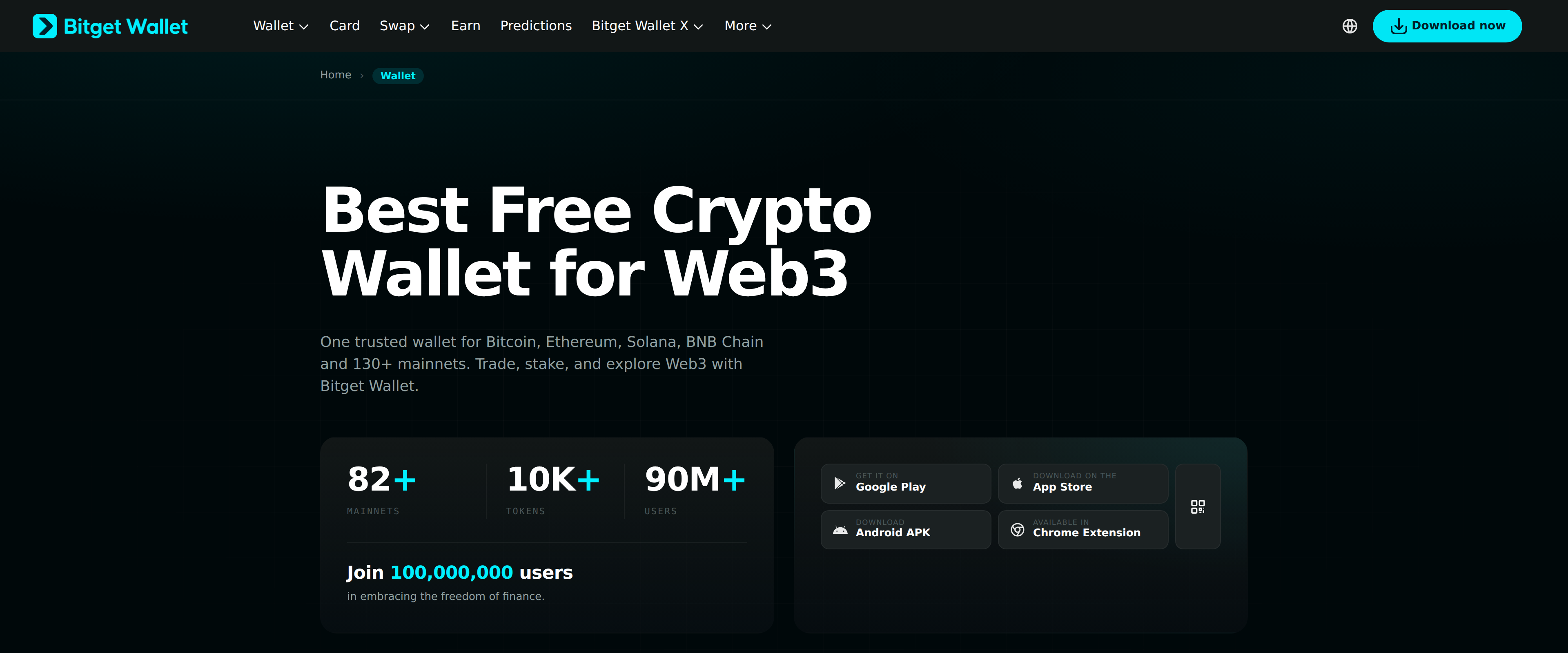 The Bitget Wallet feature page, Best Free Crypto Wallet for Web3, listing support for Bitcoin, Ethereum, Solana and BNB Chain.