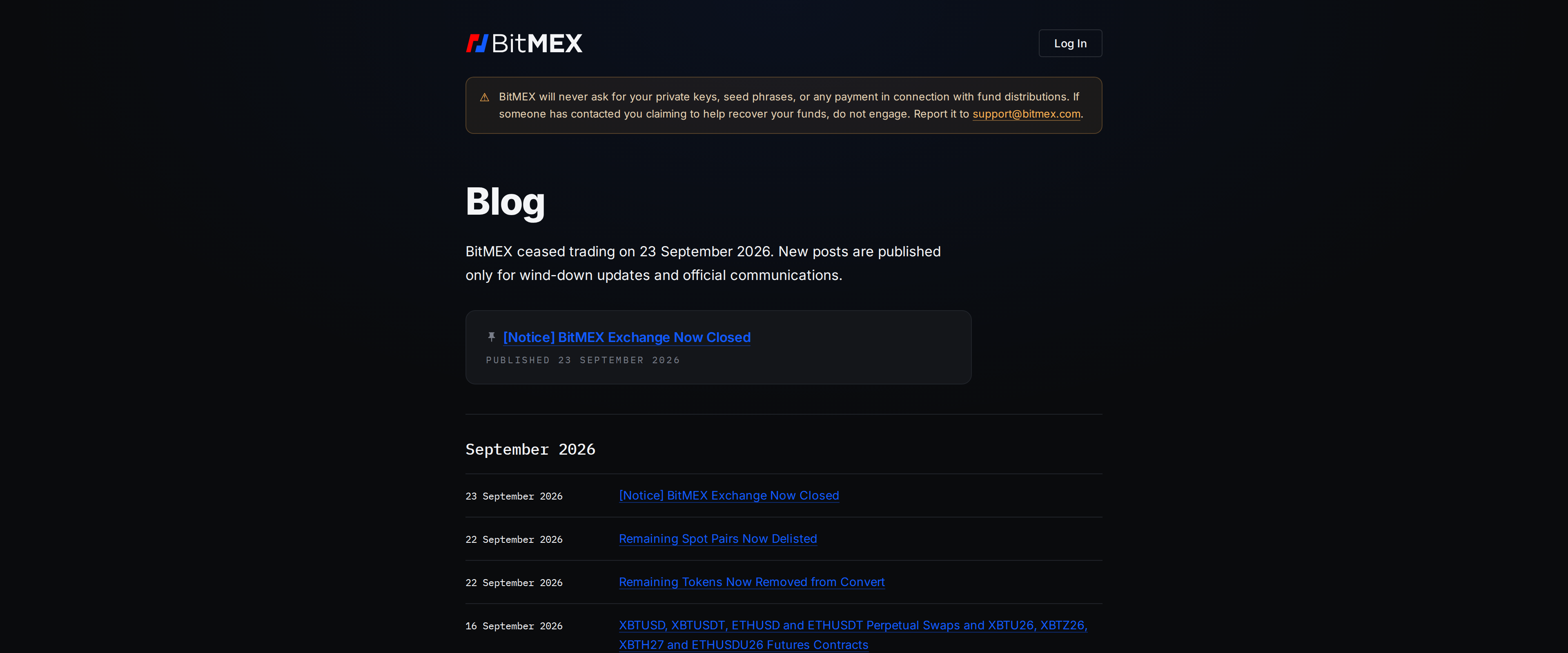 BitMEX's blog listing showing the closure notice and remaining spot pairs delisted