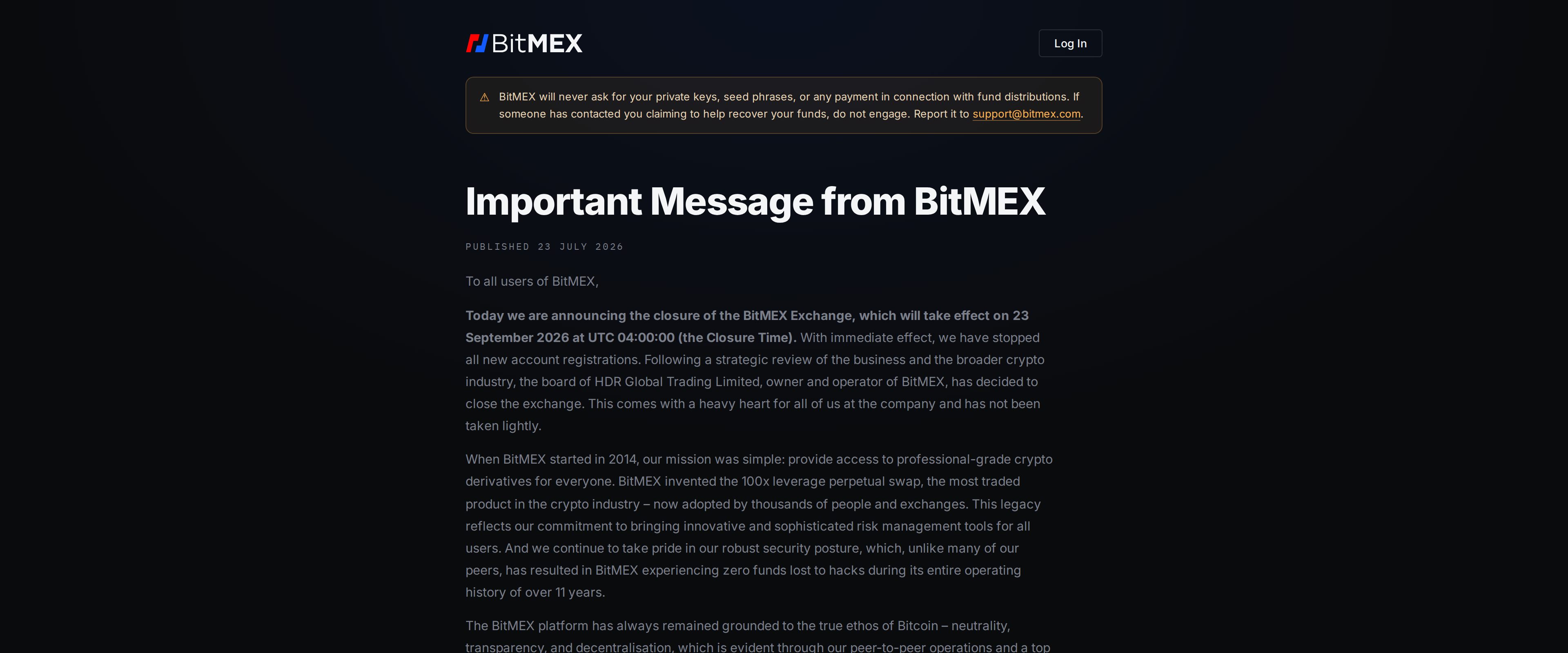 BitMEX's official closure announcement titled Important Message from BitMEX