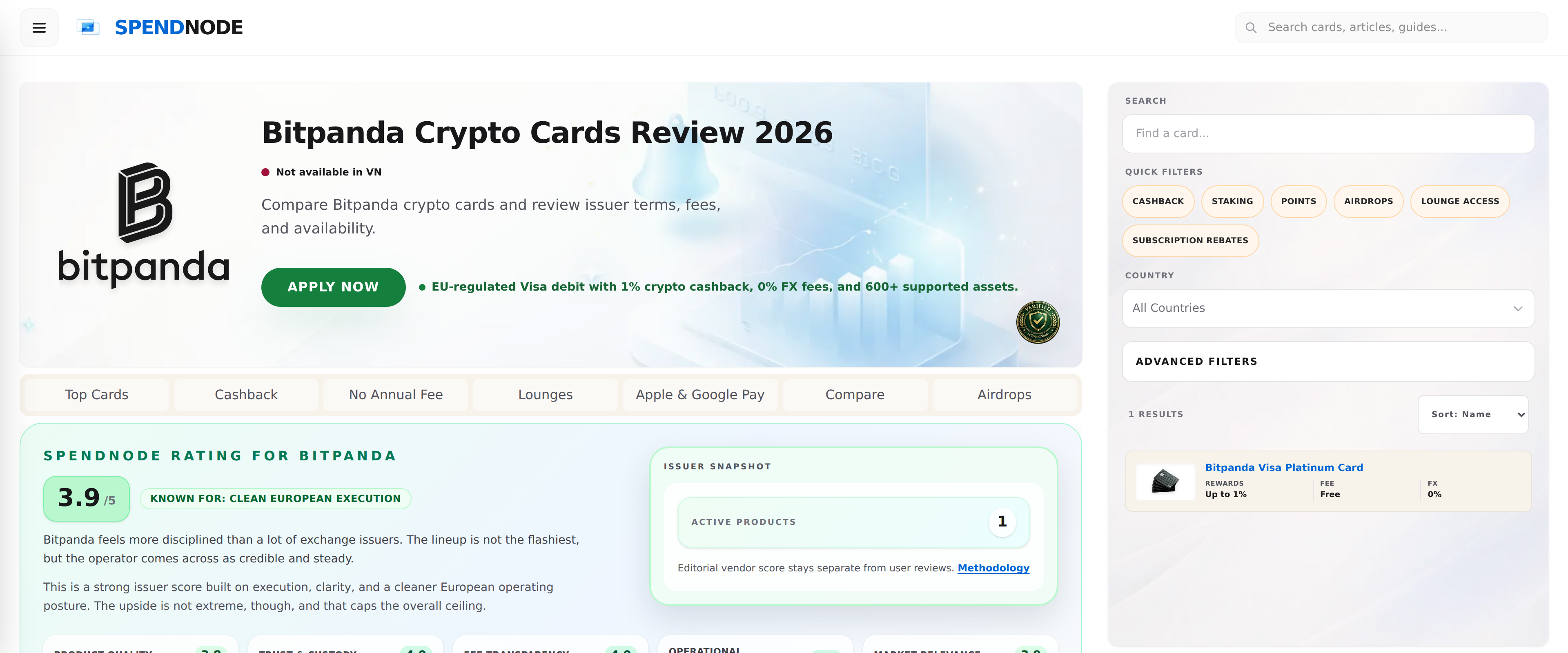 Third-party review page assessing Bitpanda's crypto card lineup as disciplined and credible, with a strong issuer score