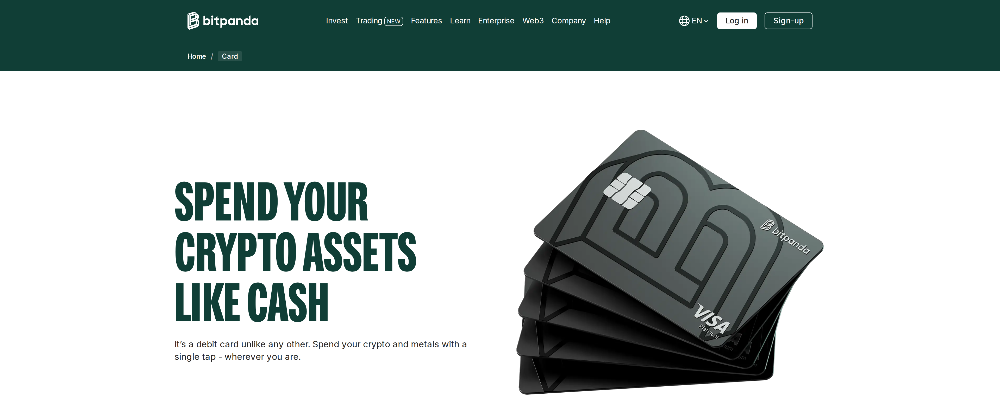 Bitpanda Card page headline reading Spend Your Crypto Assets Like Cash above a stack of black Bitpanda Visa Platinum cards