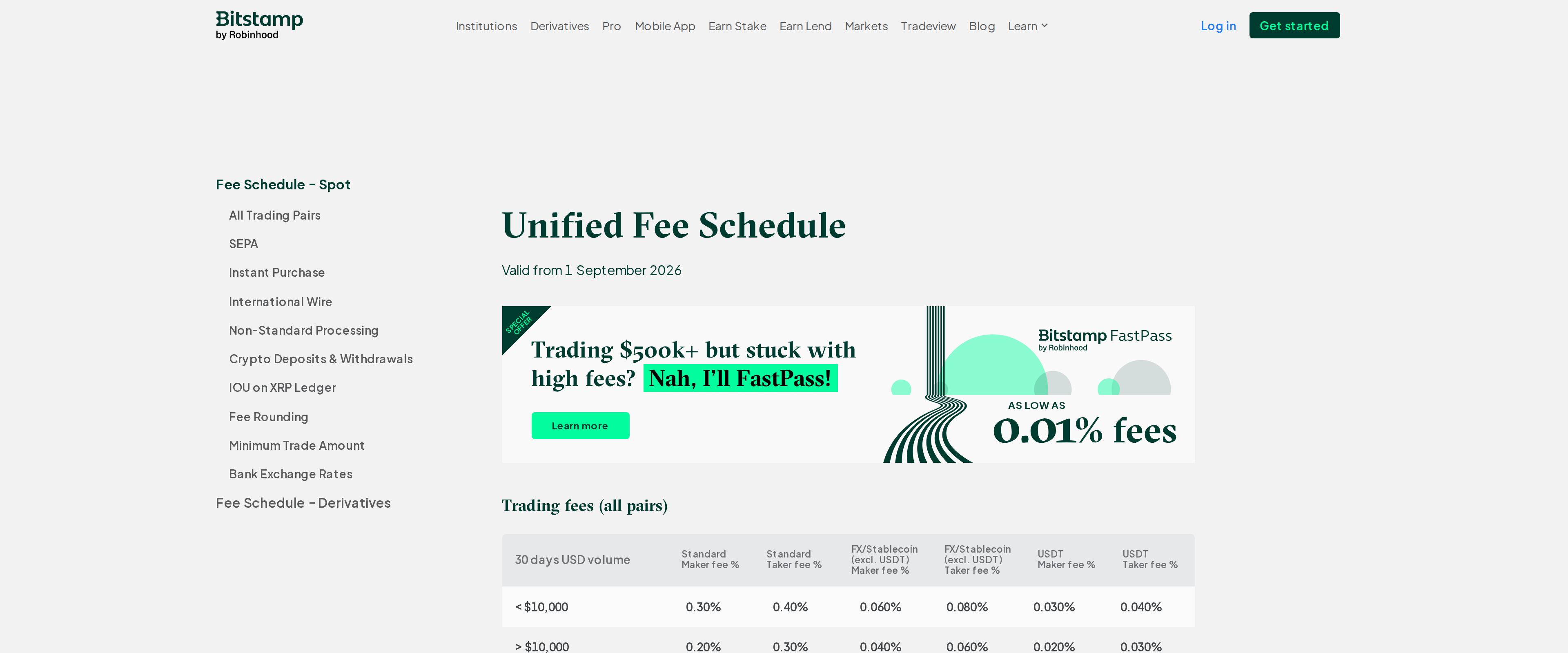 The Bitstamp fee schedule page, headlined Unified Fee Schedule, with tier breakpoints and a note that the schedule is valid from 1 September 2026.