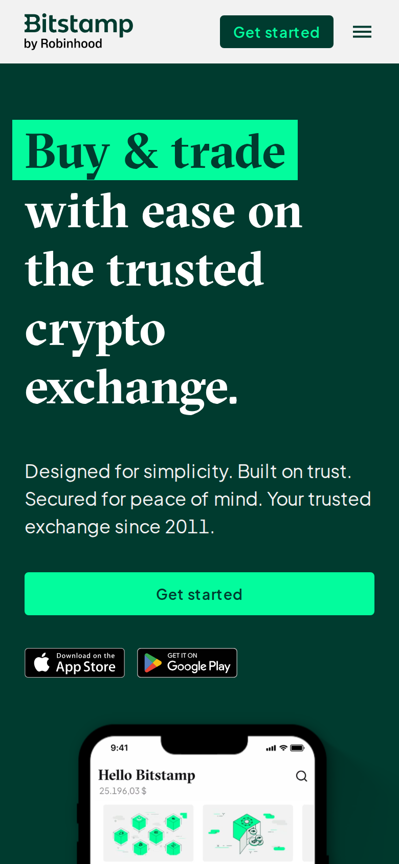 The Bitstamp homepage rendered at phone width, with the same dark hero and phone mockup stacked into a single column.