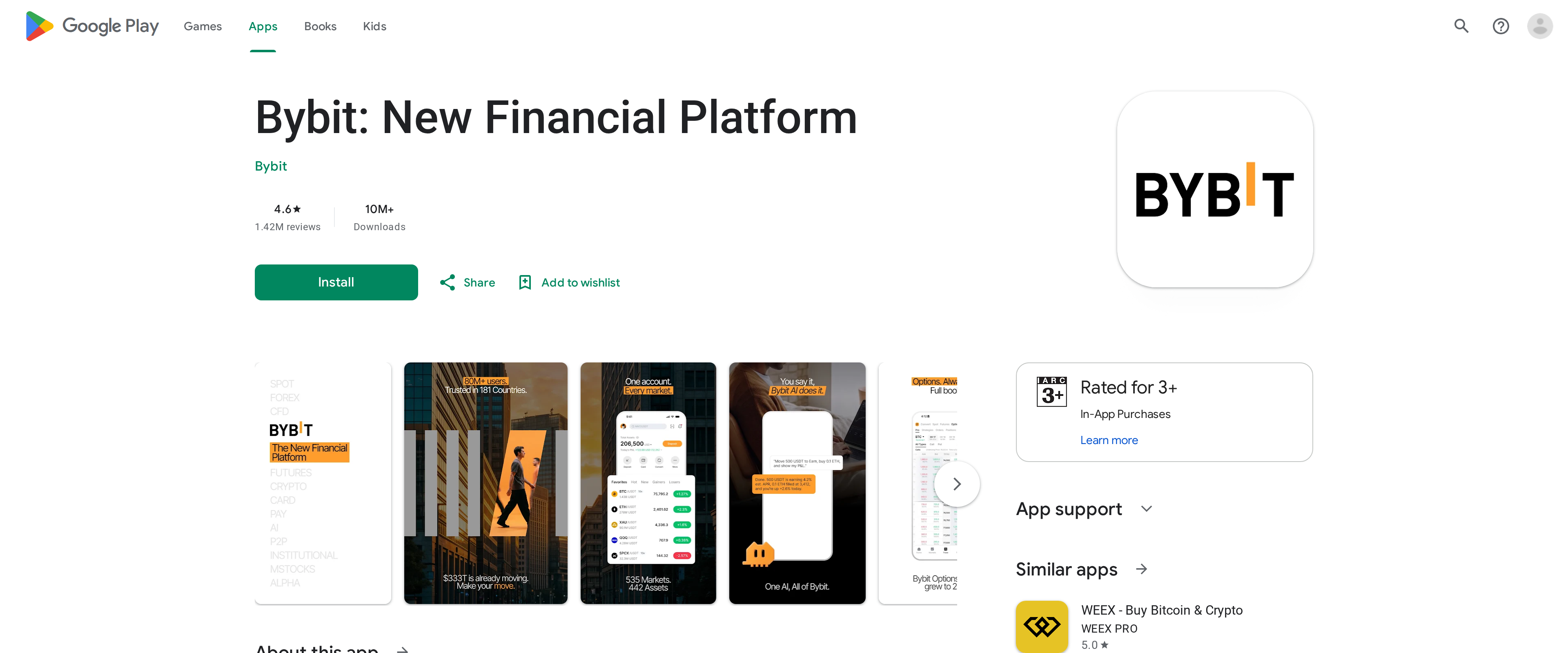 The Bybit Android app listing on Google Play with the About this app and App support sections