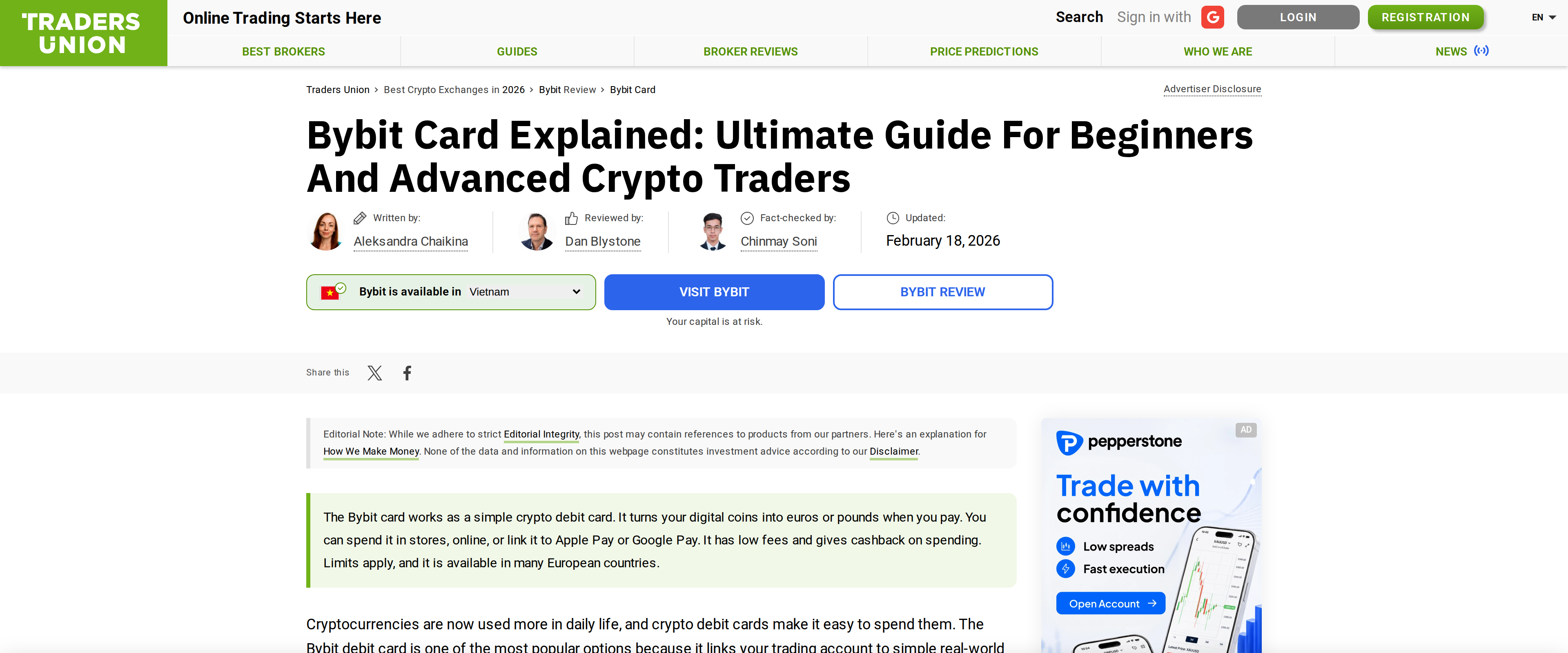 TradersUnion's Bybit Card guide describing how the card converts crypto to euros or pounds when you pay