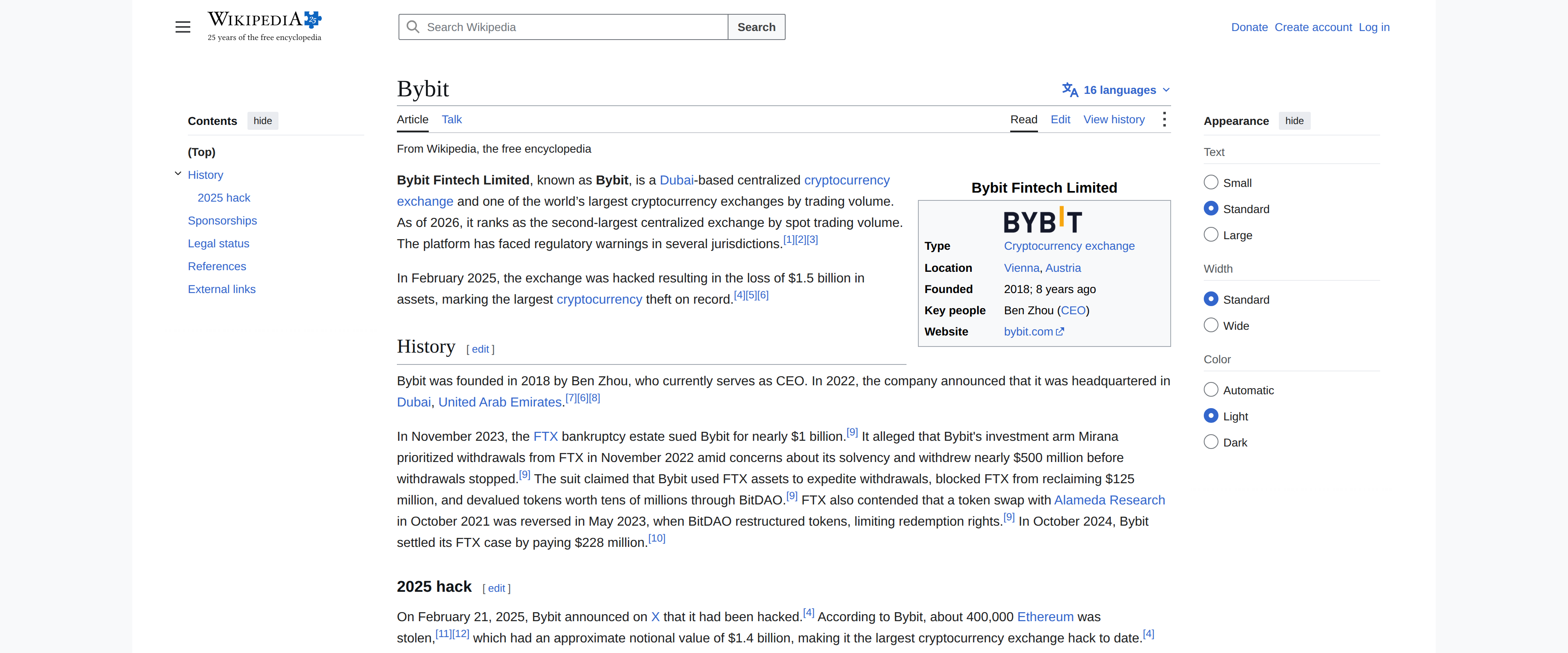 Wikipedia's Bybit page open to the 2025 hack section, describing the $1.5 billion loss as the largest cryptocurrency theft on record