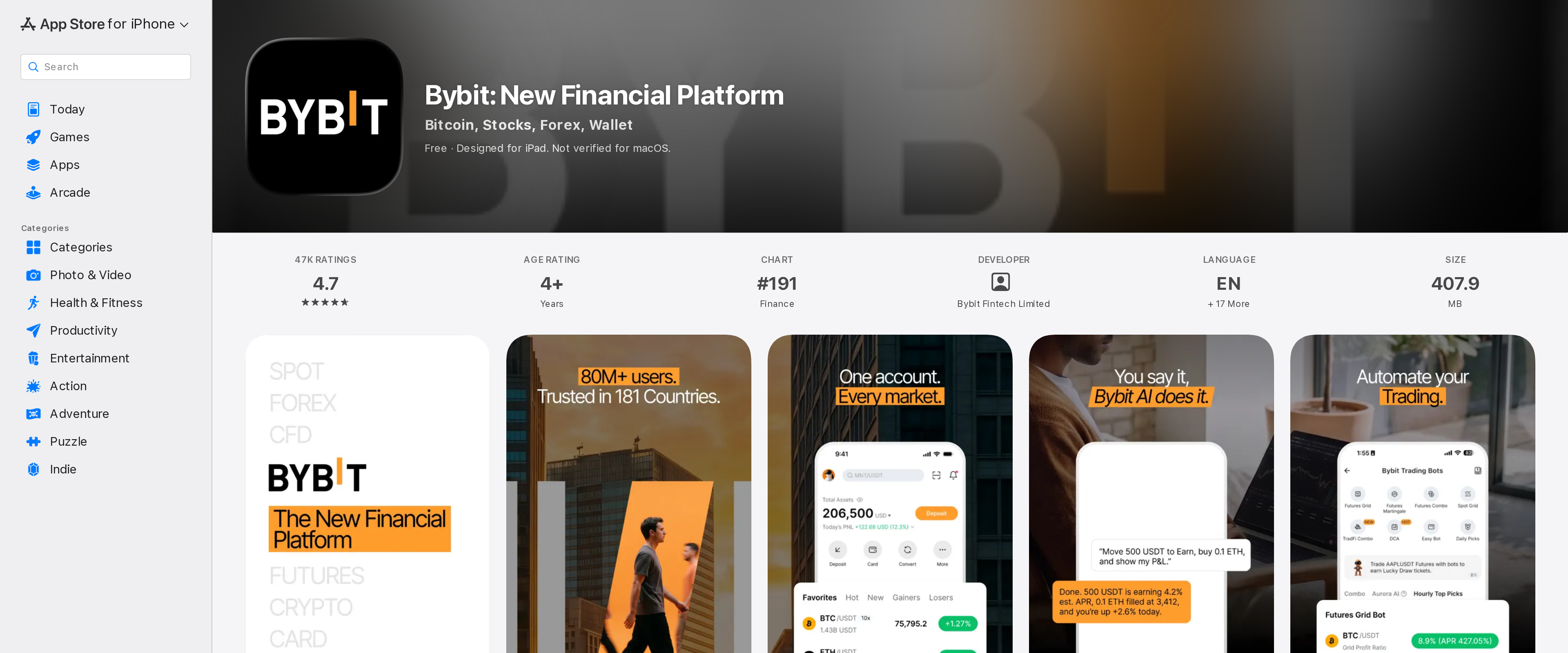Bybit's App Store listing titled Bybit: New Financial Platform, showing three screenshots of the trading app interface