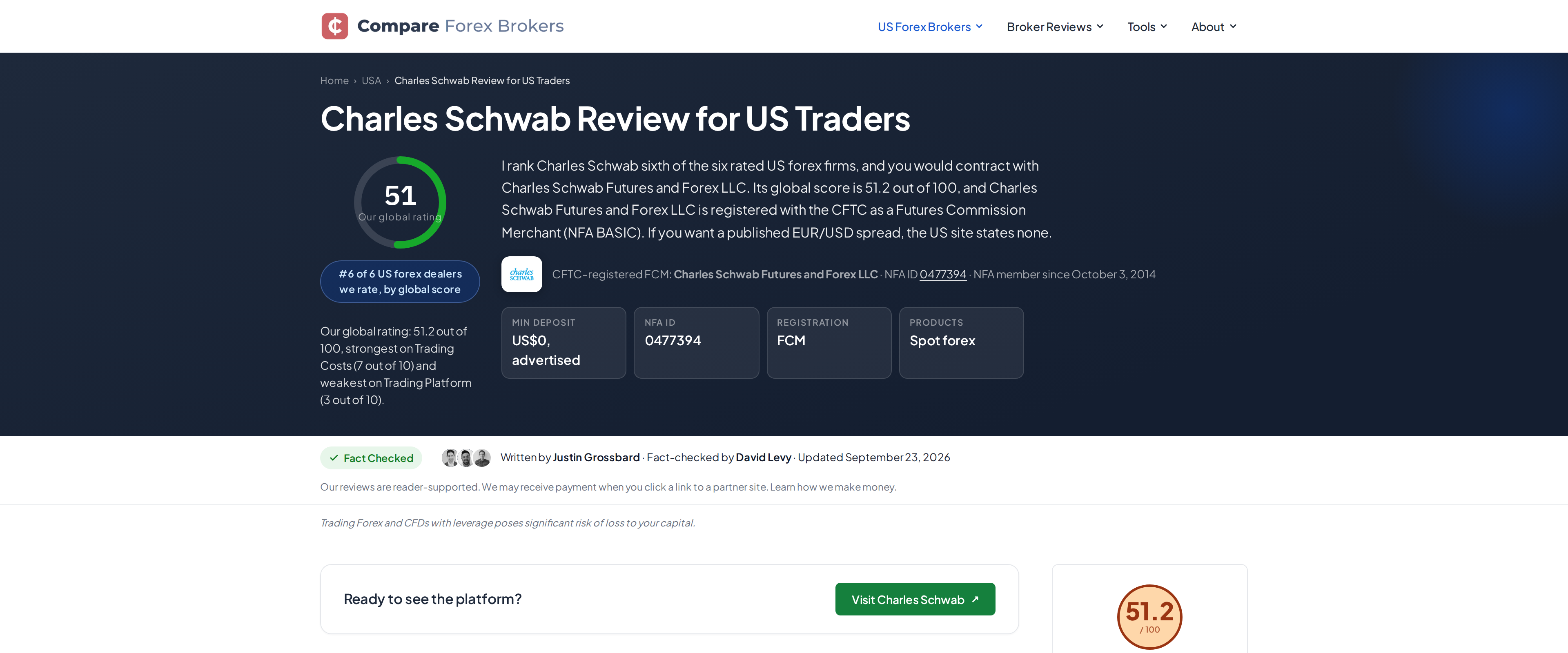 Compareforexbrokers.com's Charles Schwab review for US traders, listing category tags and the $0 account minimum