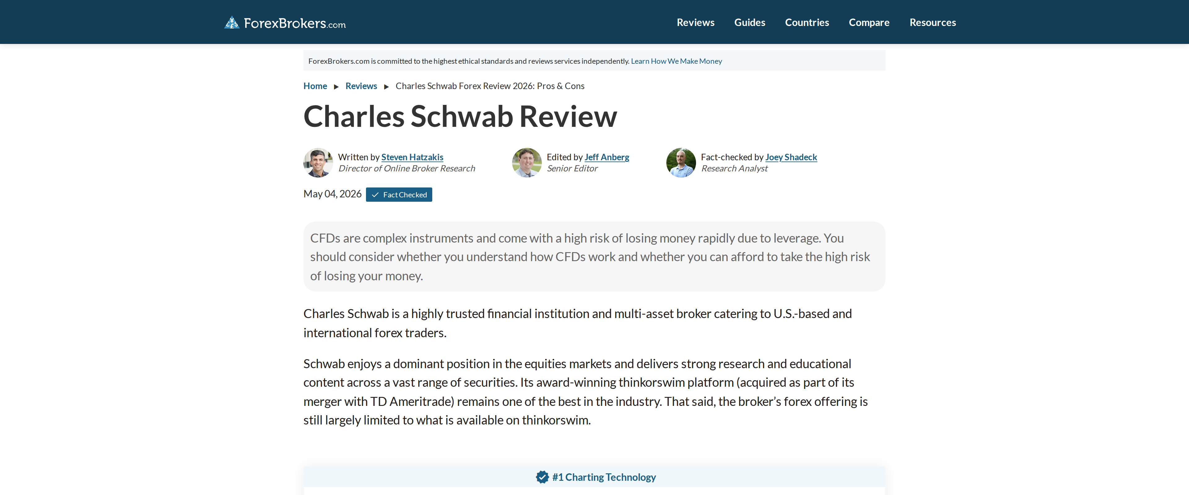 ForexBrokers.com's Charles Schwab review page, byline from Director of Online Broker Research Steven Hatzakis