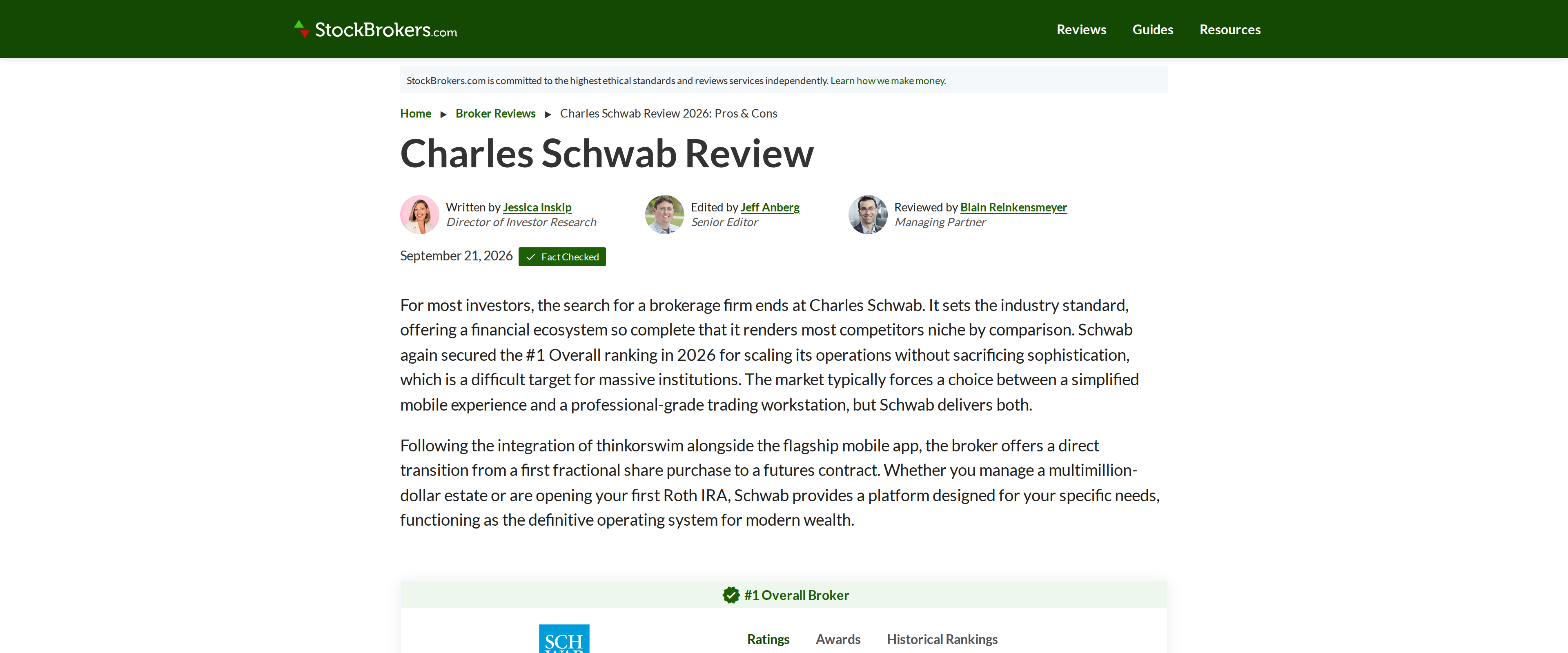 StockBrokers.com's Charles Schwab review page, byline from Director of Investor Research Jessica Inskip