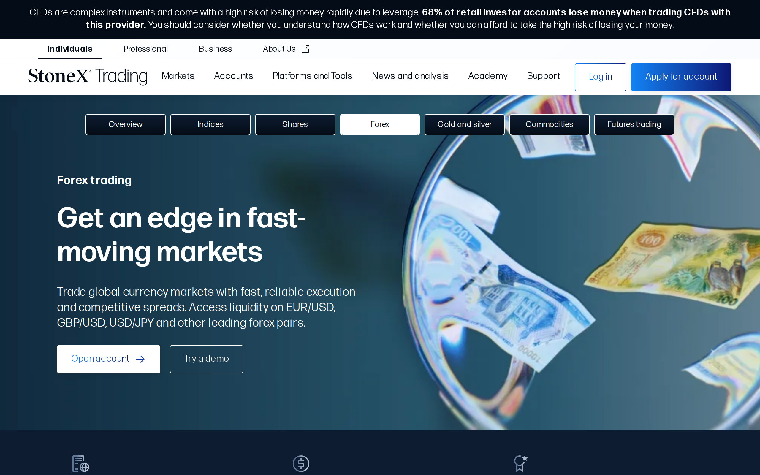 StoneX Trading forex page with an illustrated globe of banknotes and currency symbols under the heading Get an edge in fast-moving markets