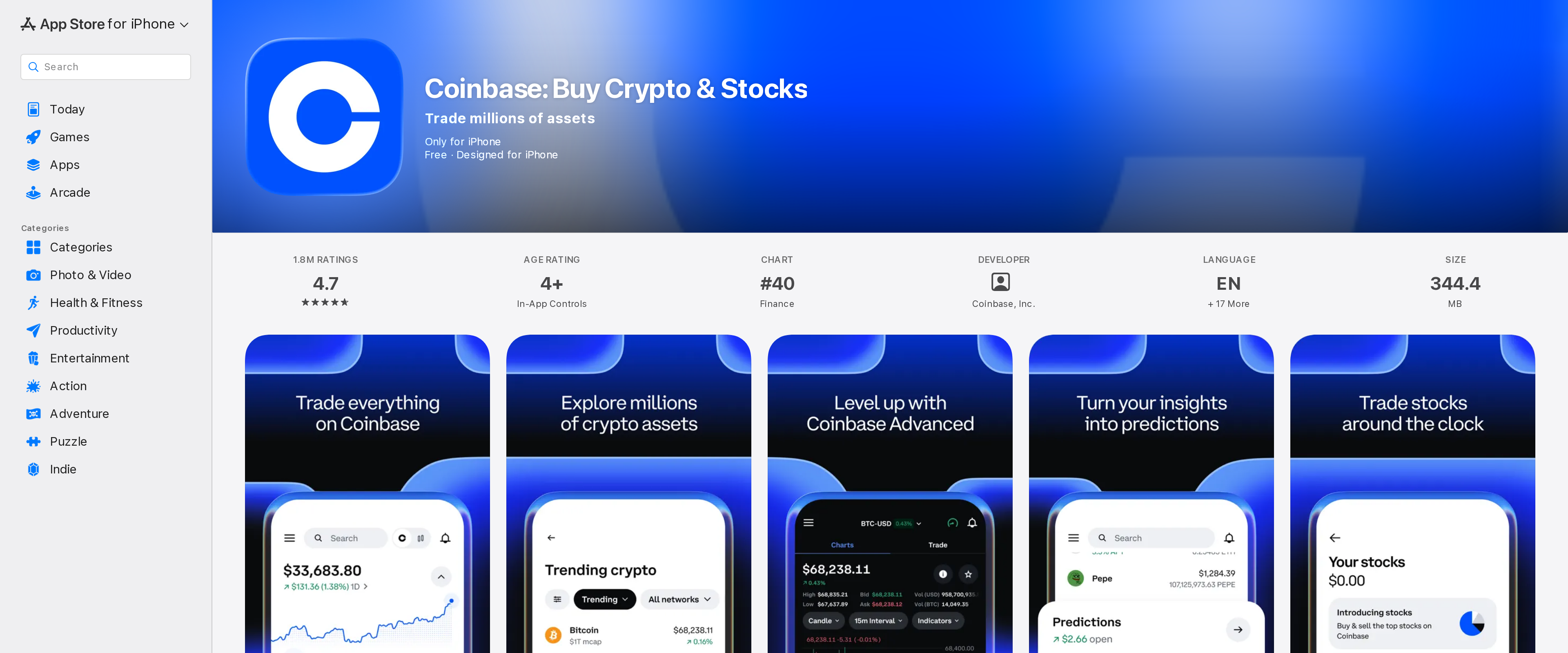 Coinbase app listing on the Apple App Store showing a free download and a 4+ age rating