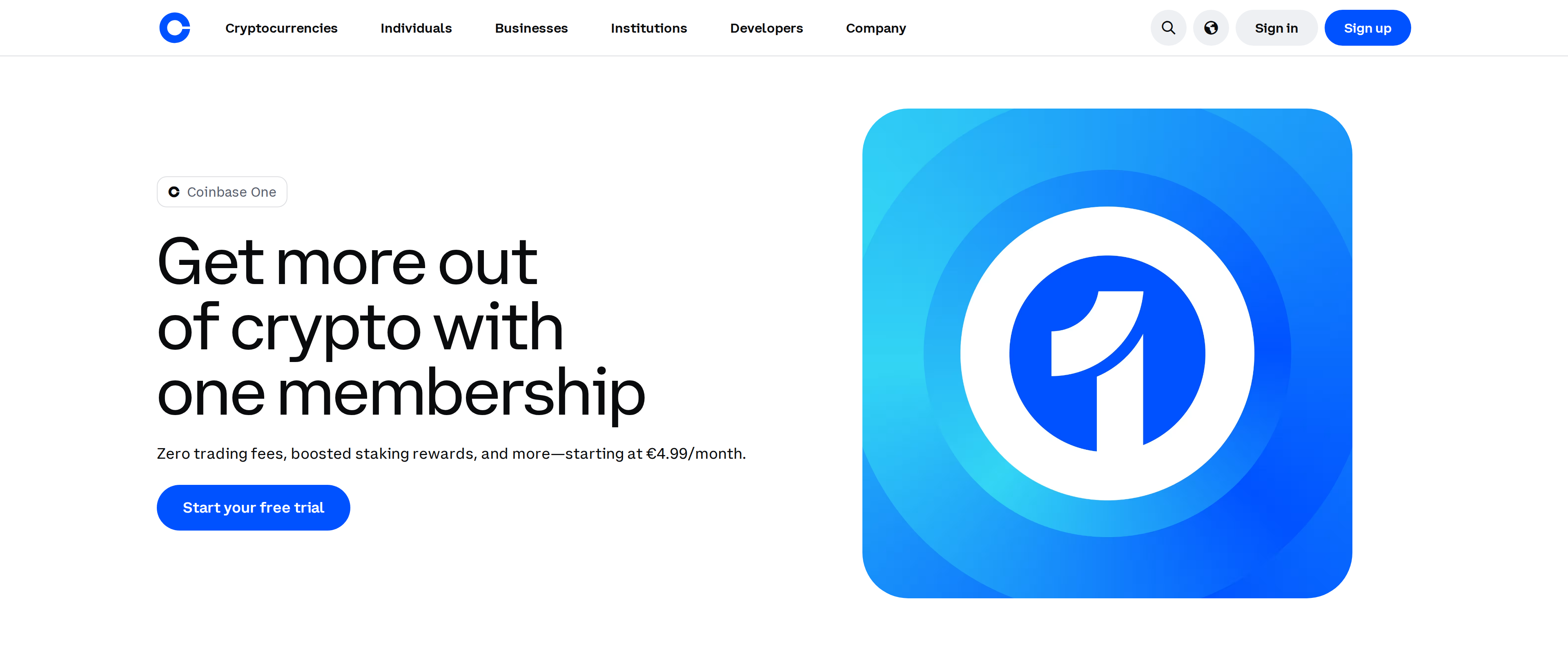 Coinbase One membership page advertising zero trading fees and boosted staking rewards starting near five dollars a month