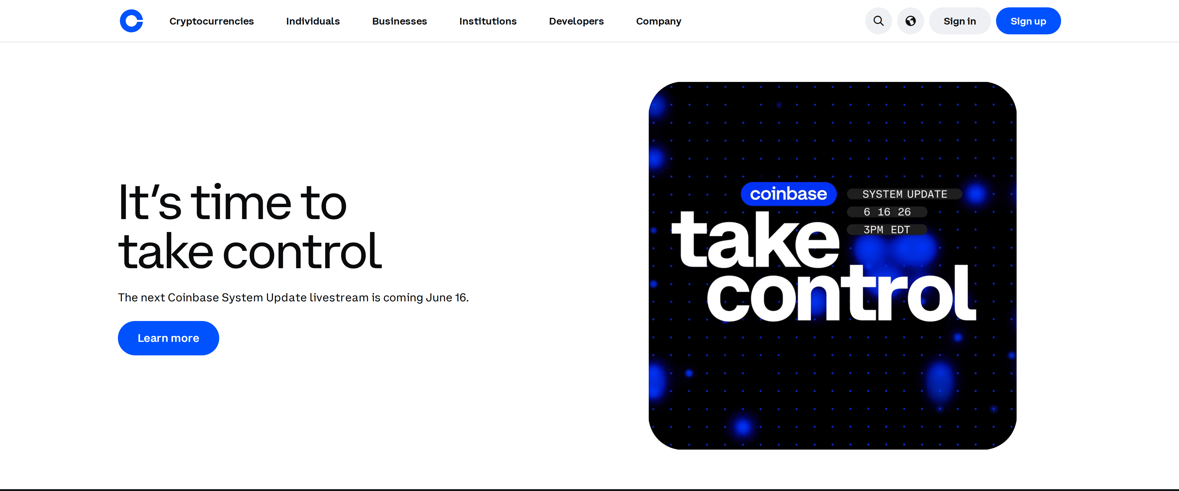 Coinbase homepage headline reading It's time to take control with a livestream announcement banner