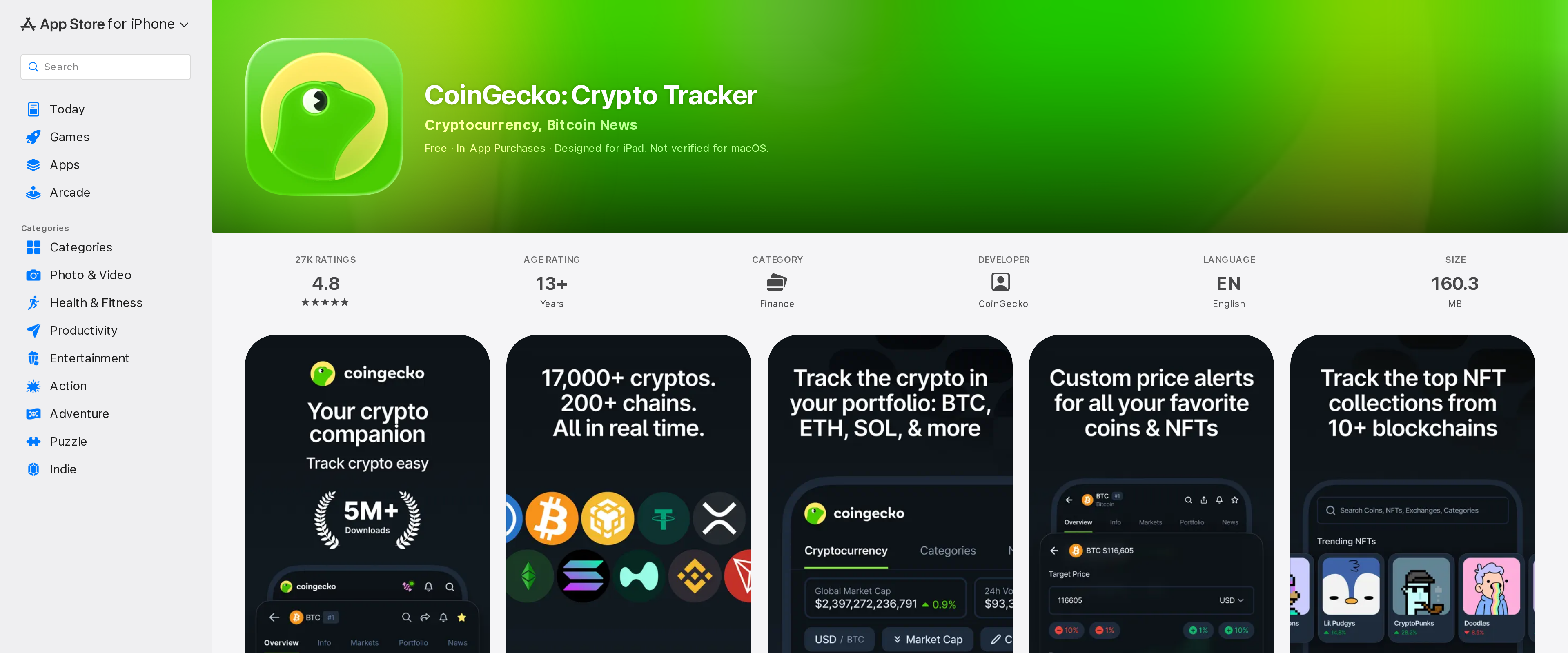 CoinGecko mobile app listing on the App Store, free to download with in-app purchases