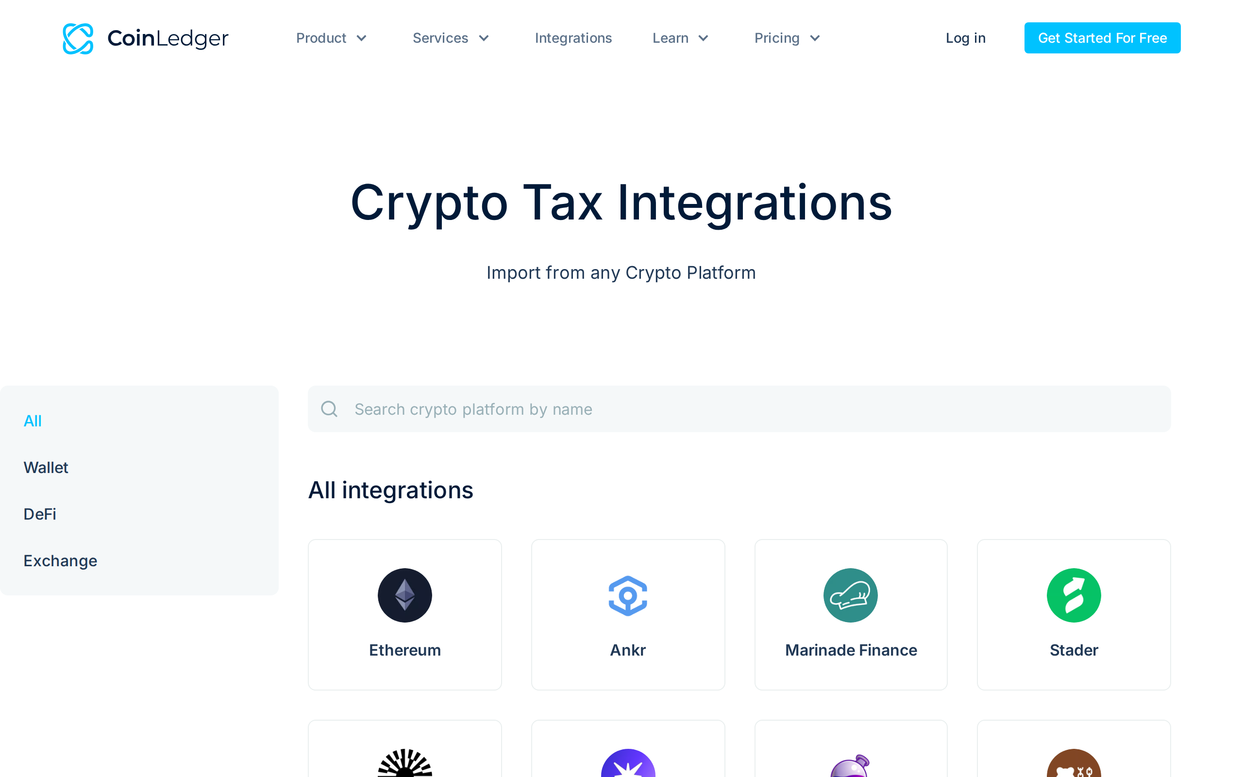 CoinLedger integrations page headline reading Crypto Tax Integrations
