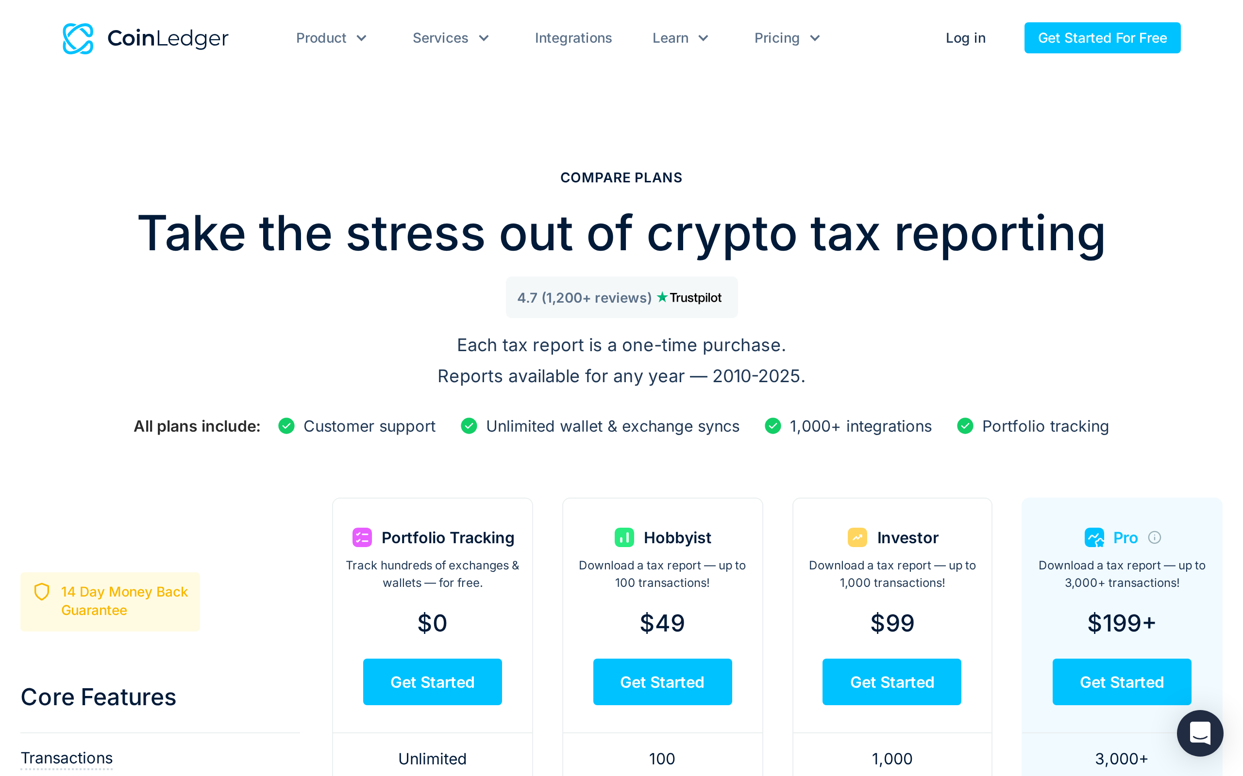CoinLedger pricing page showing Compare Plans with a zero dollar tier and a forty nine dollar tier next to unlimited wallet and exchange syncs