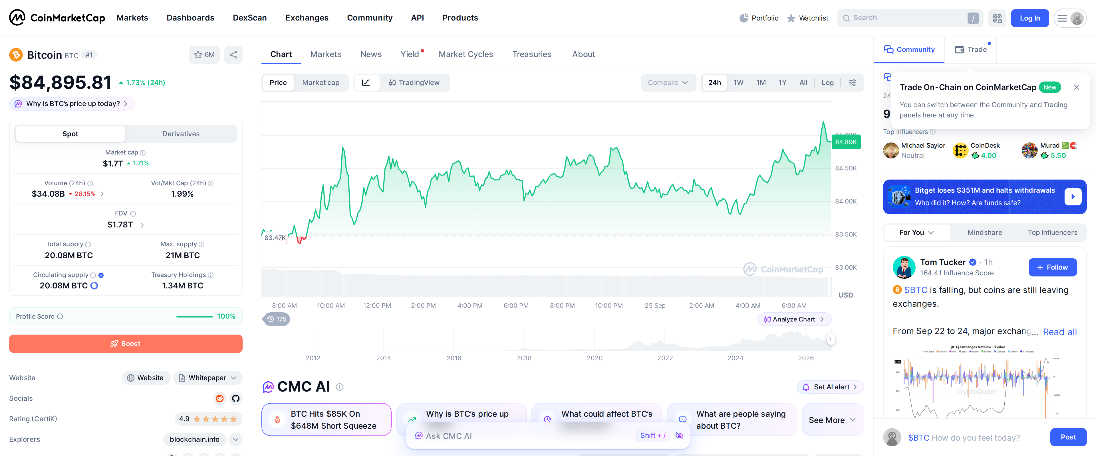 CoinMarketCap's Bitcoin page showing live price and recent exchange flow commentary
