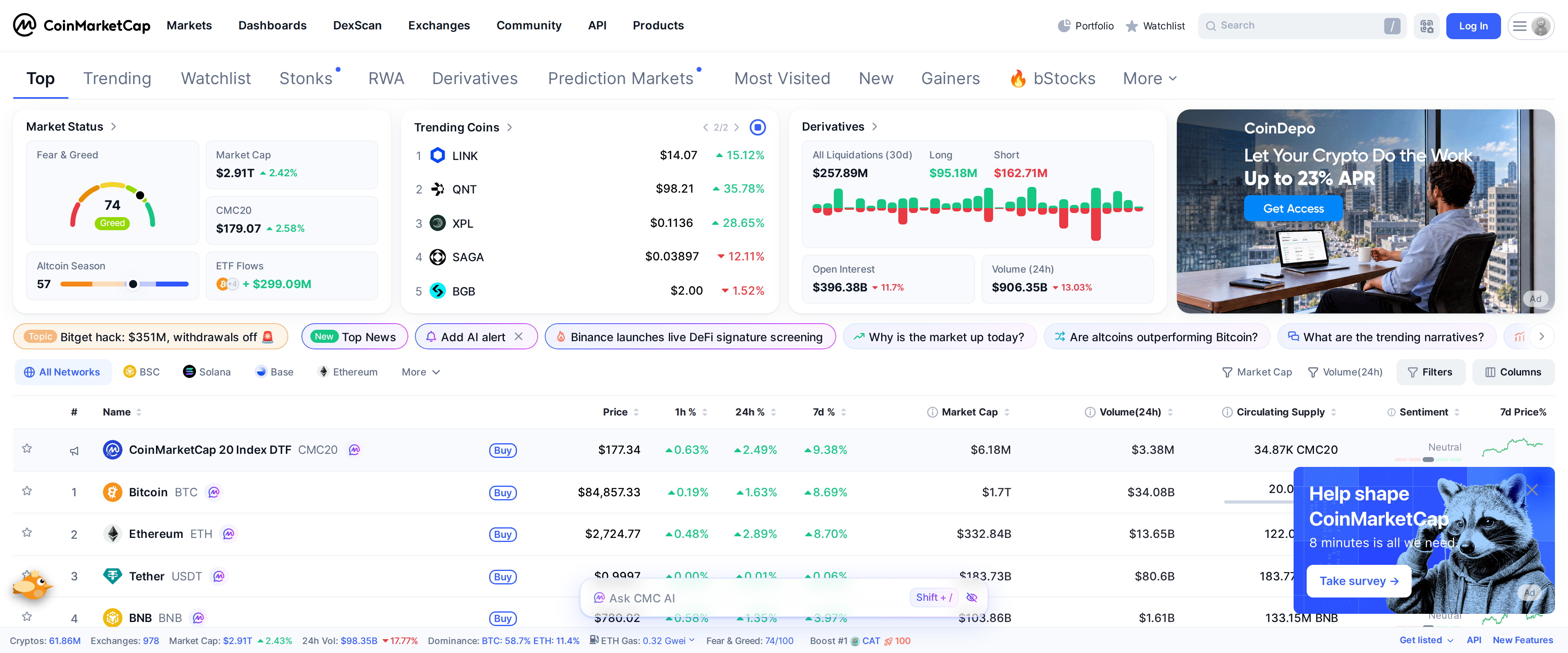 The CoinMarketCap homepage showing live cryptocurrency prices and market data