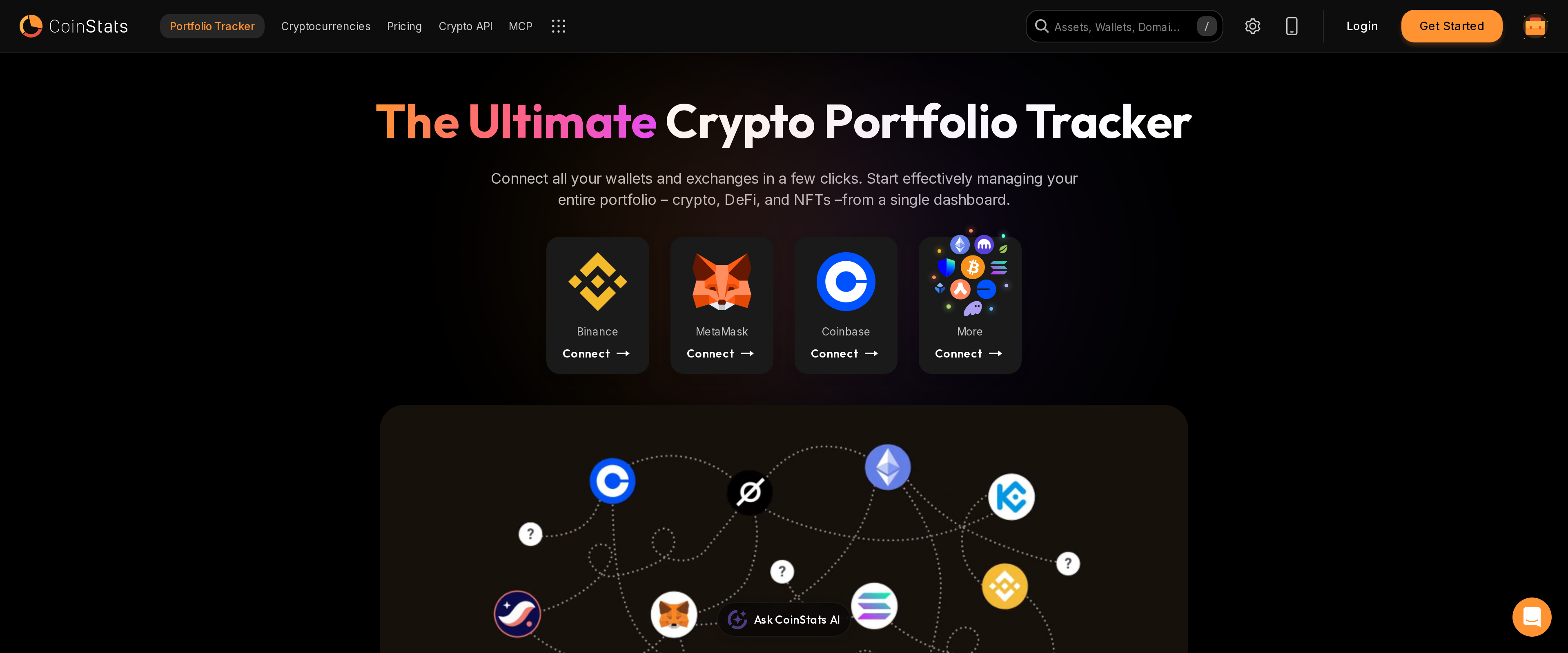 CoinStats' portfolio page headlined The Ultimate Crypto Portfolio Tracker