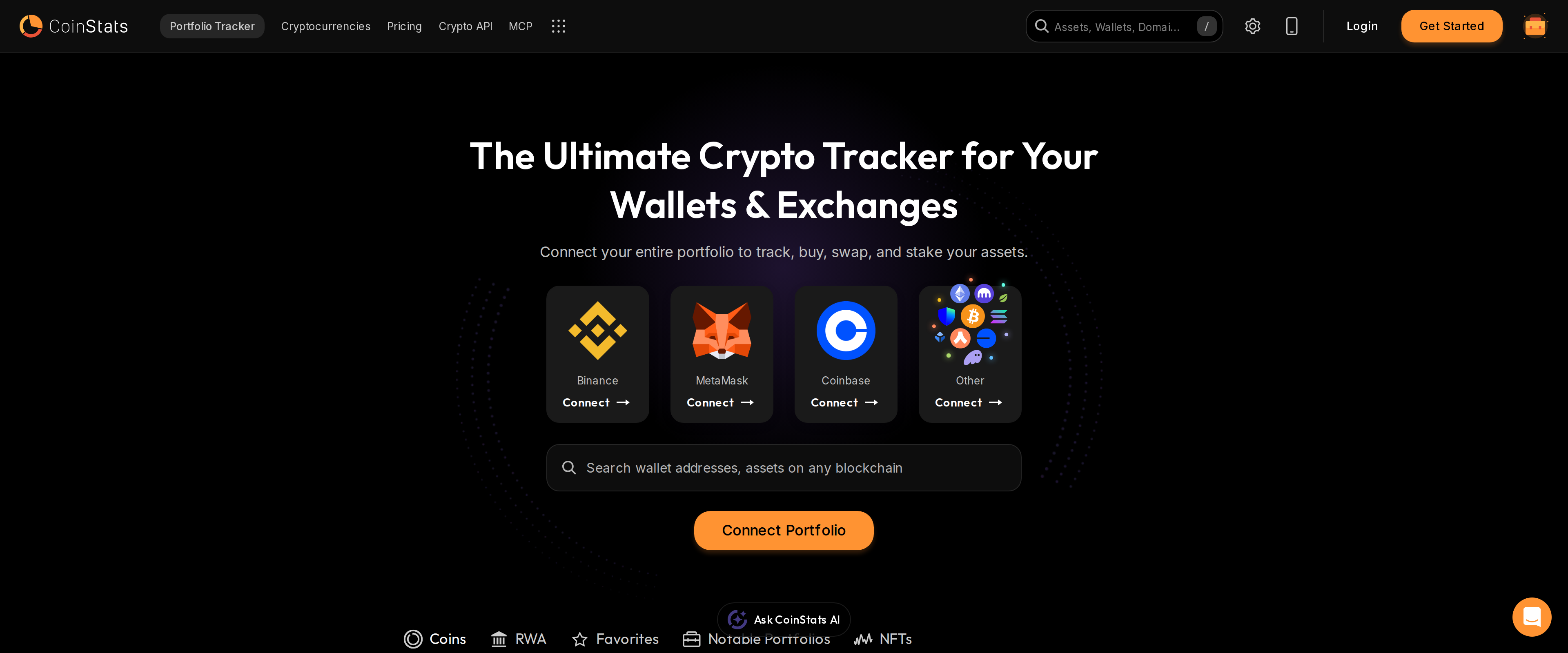 CoinStats homepage headline The Ultimate Crypto Tracker for Your Wallets and Exchanges