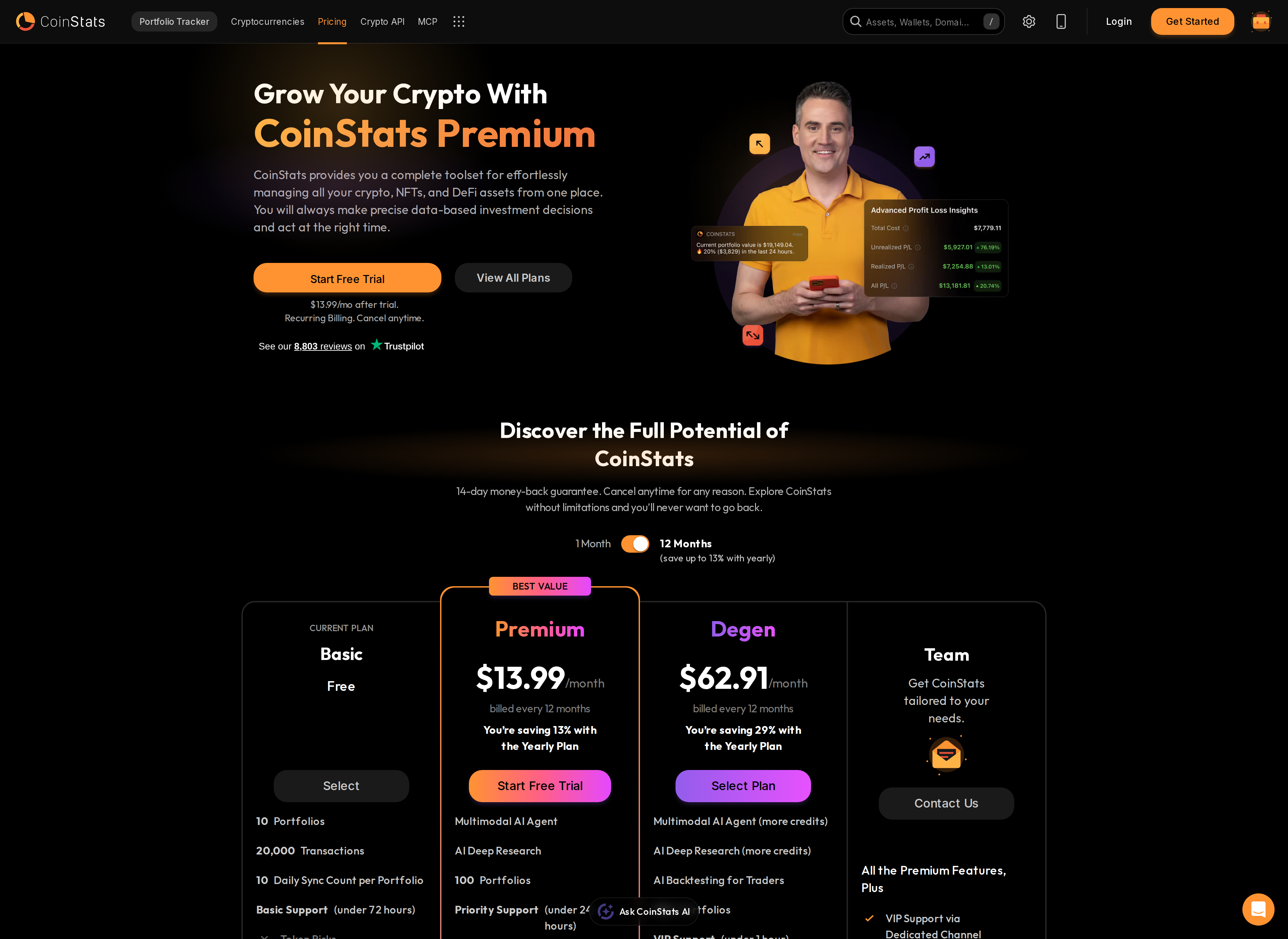 CoinStats' pricing page listing Premium at $13.99 a month after trial