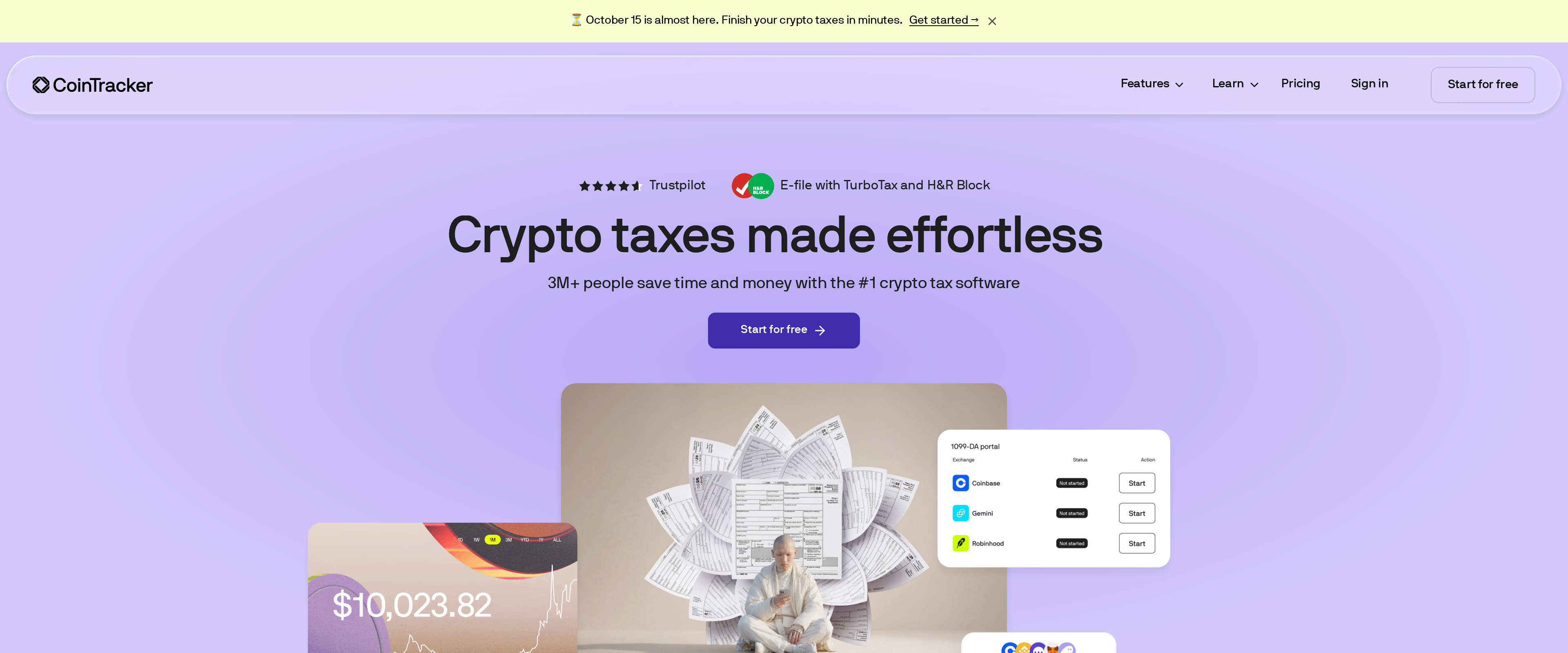 CoinTracker homepage headline reading Crypto taxes made effortless, with 3M+ people save time and money