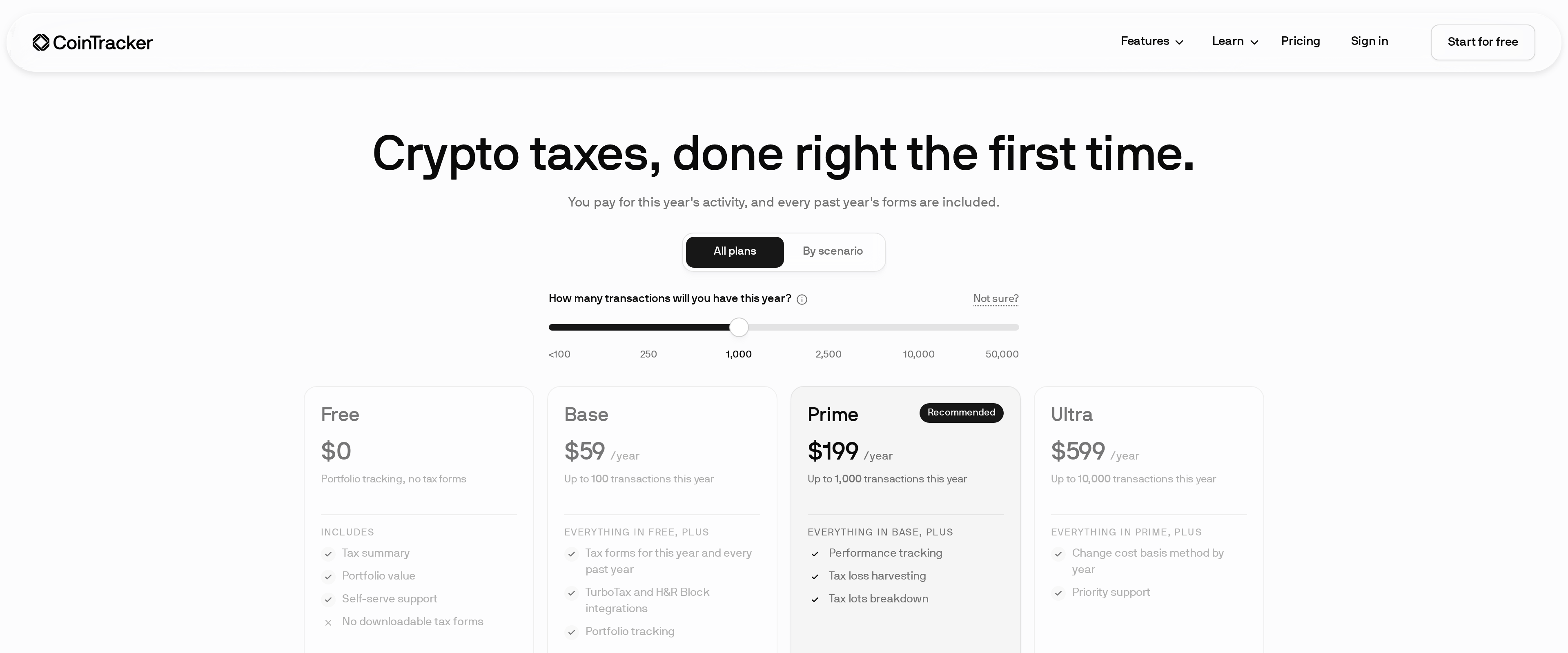 CoinTracker pricing page showing Free, Base and Prime plan tiers with prices