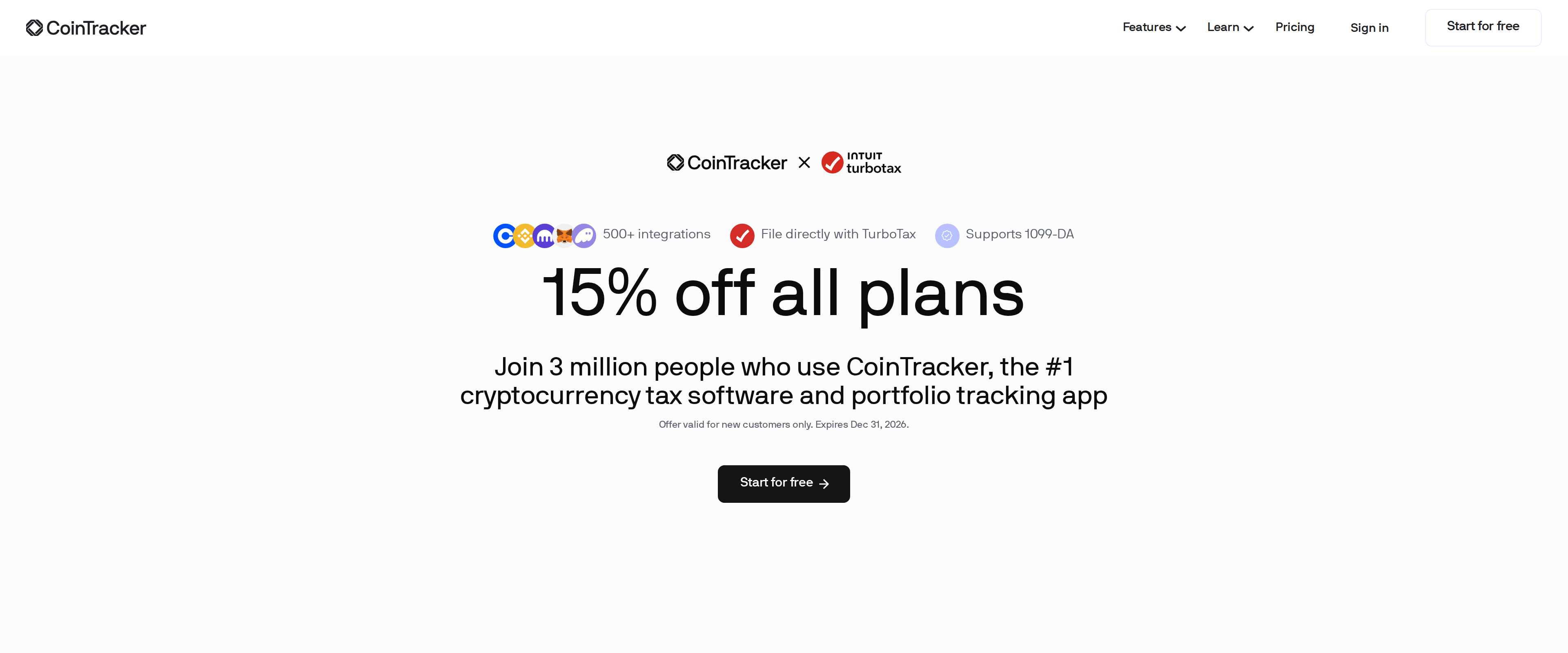 CoinTracker TurboTax partnership page offering 15% off all plans