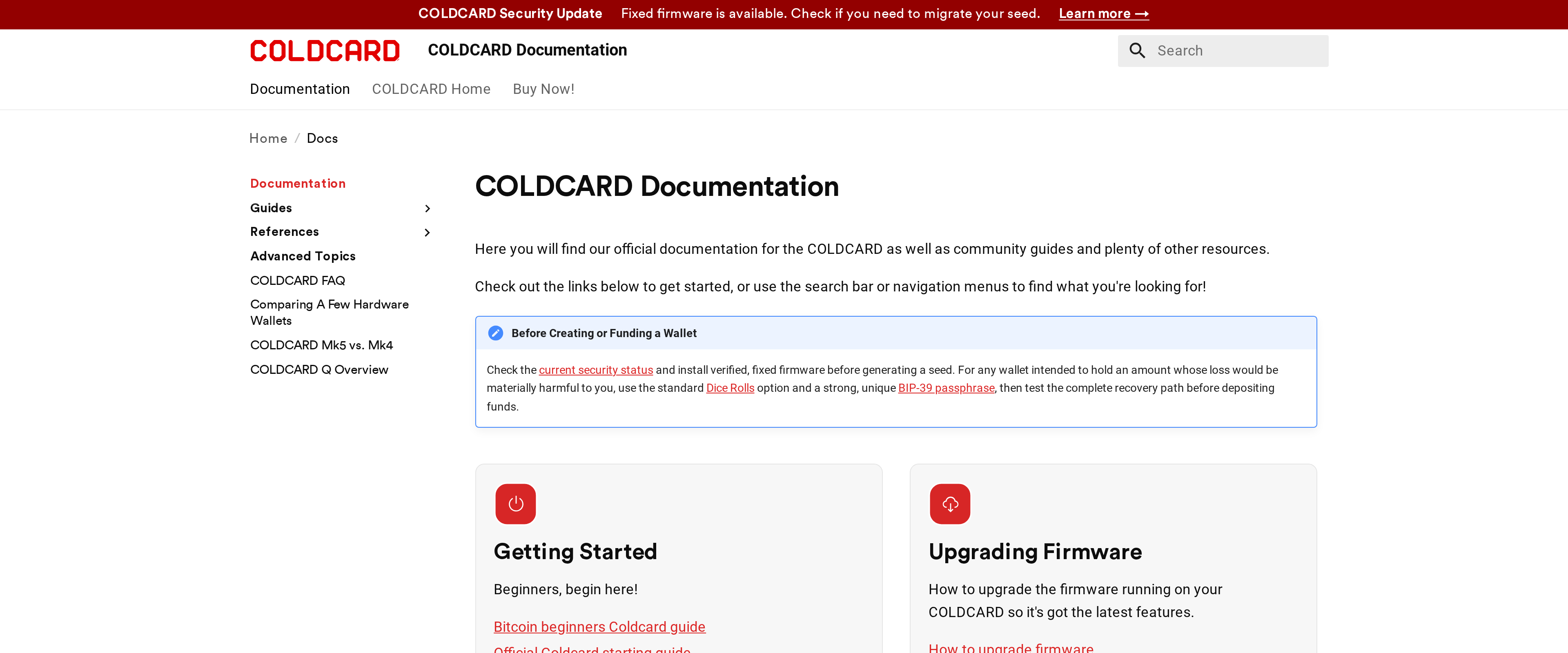 Coldcard documentation homepage listing guides for firmware upgrades and hardware wallet comparisons