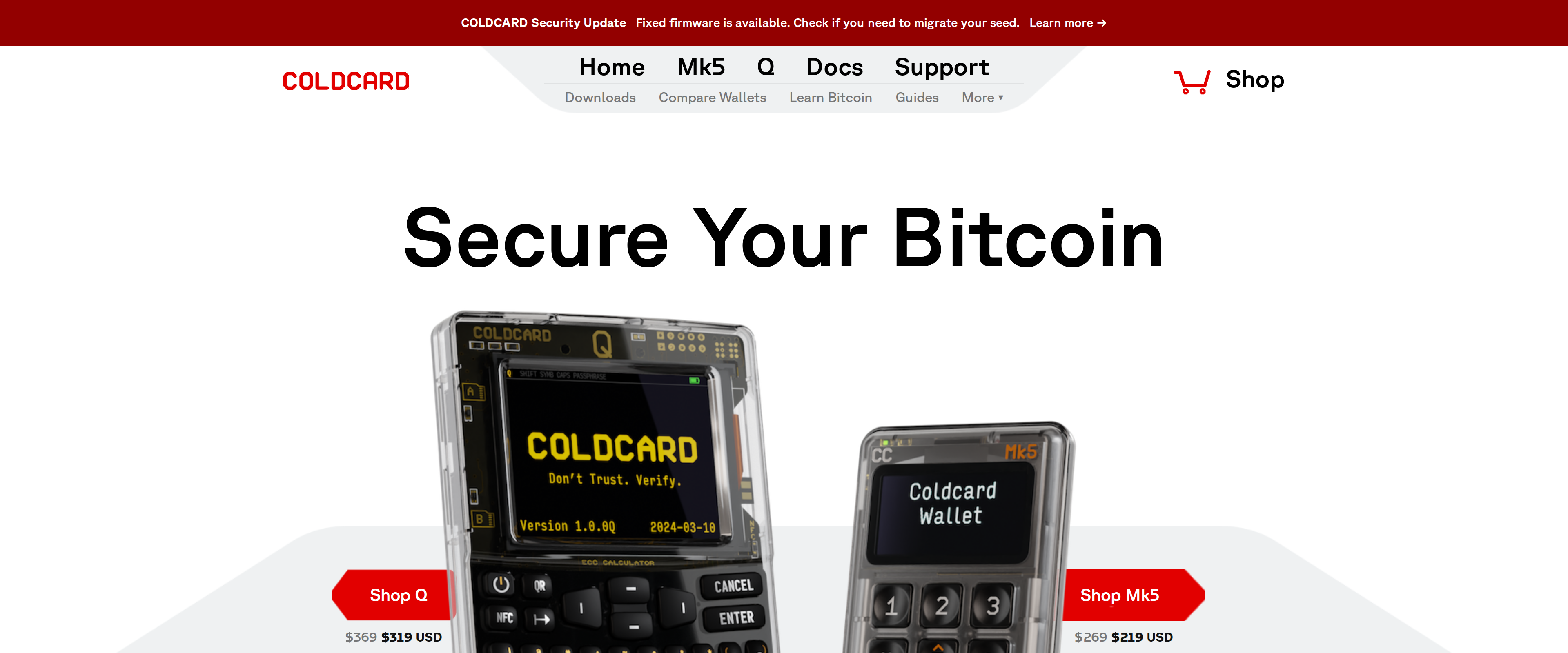 Coldcard homepage headline reading Secure Your Bitcoin, with the Coldcard Q and Mk5 devices side by side and prices of 319 dollars and 219 dollars