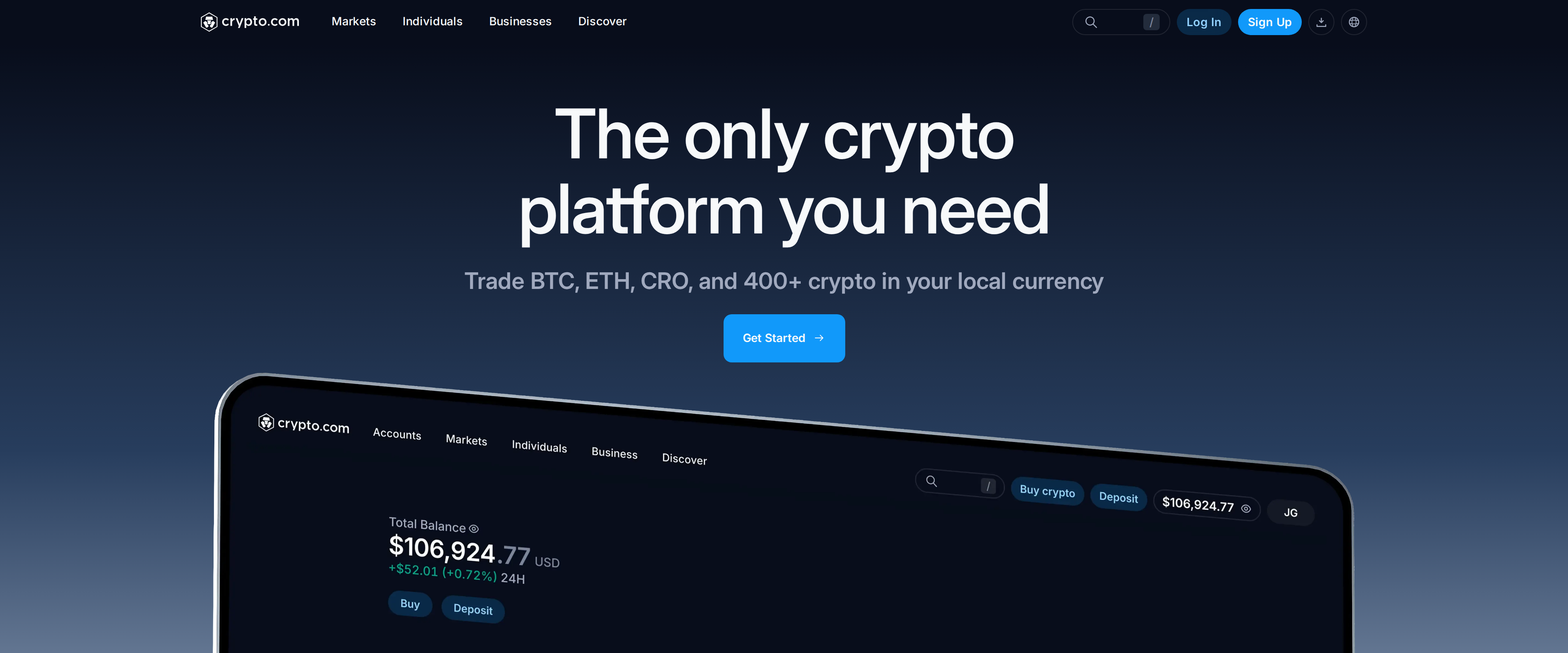 Crypto.com homepage hero showing the headline The only crypto platform you need and text about trading BTC, ETH, CRO and 400+ crypto