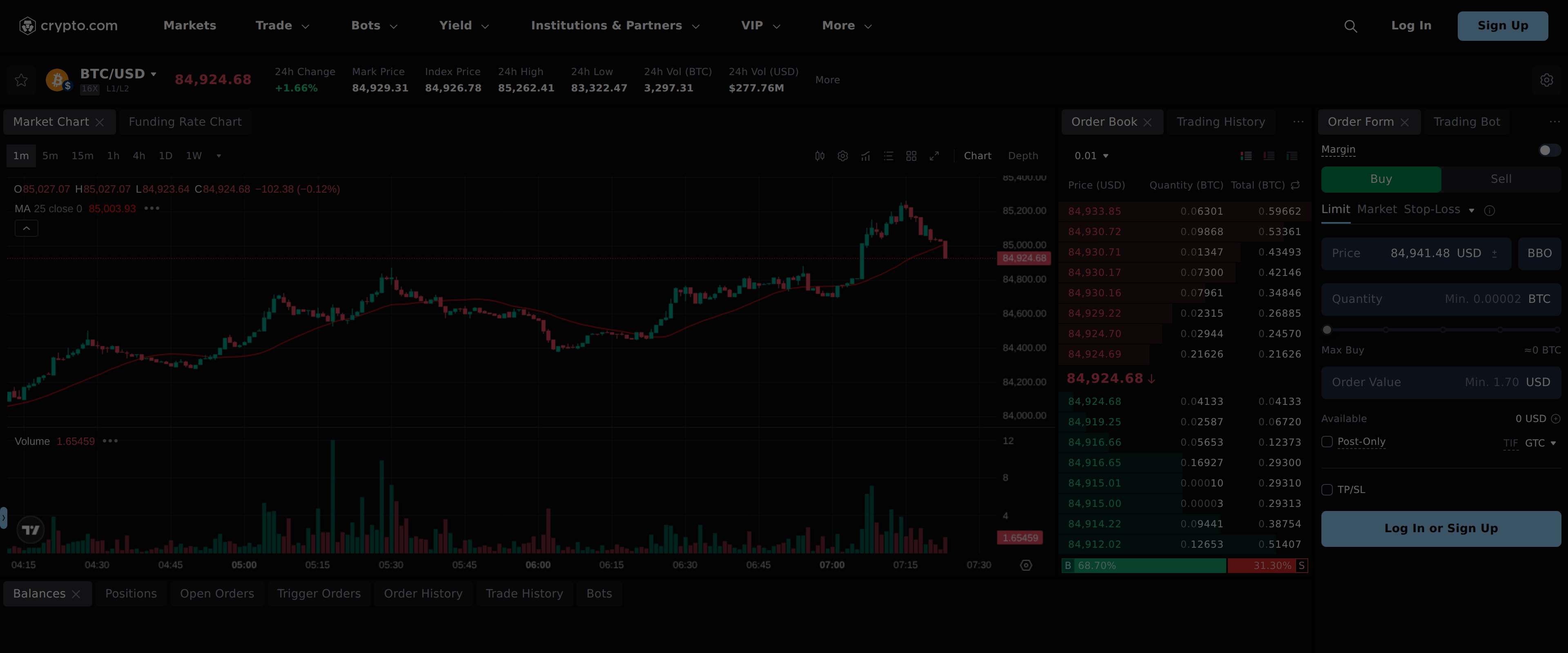 Crypto.com Exchange BTC/USD spot trading screen showing the live order book and price chart