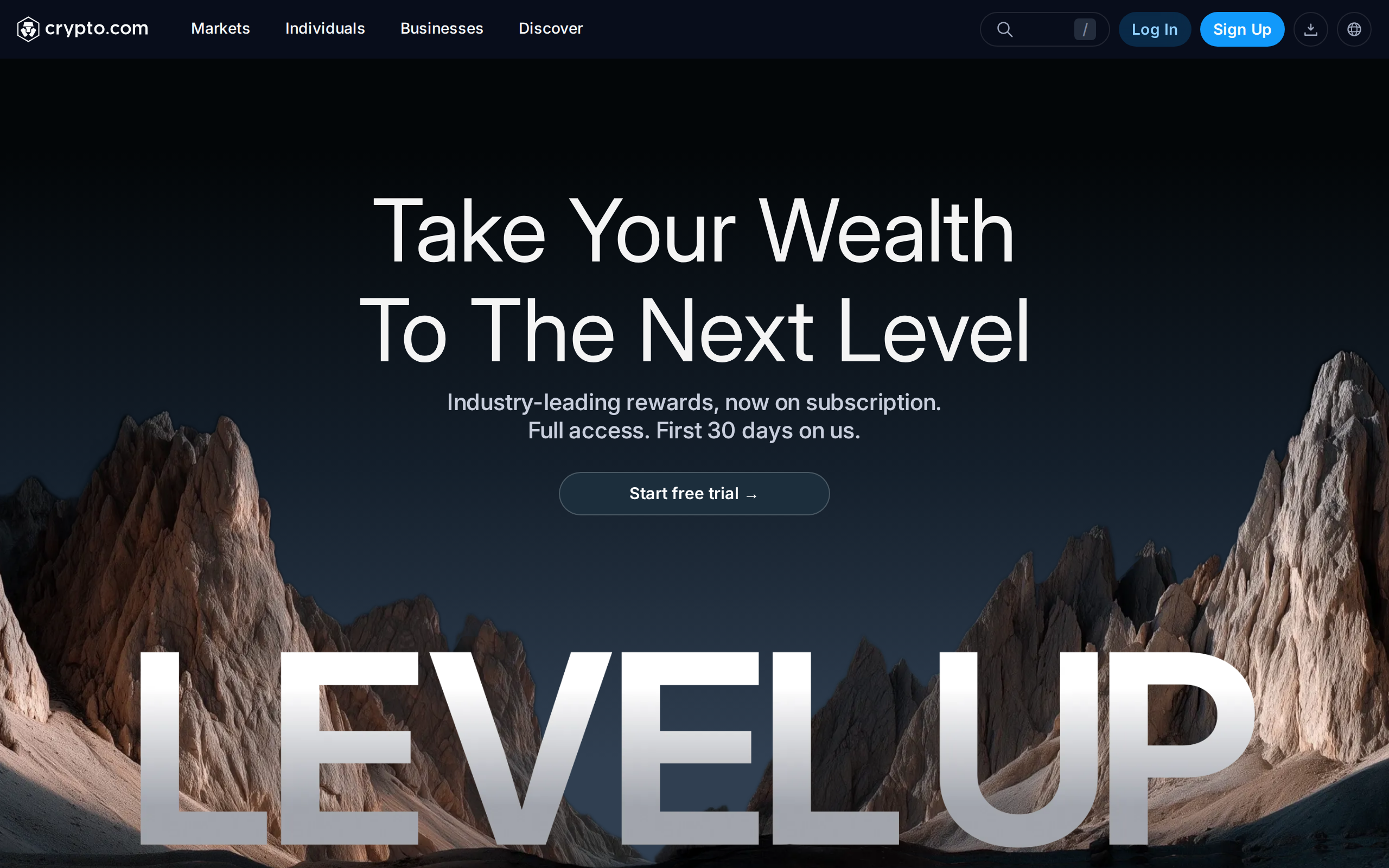 Crypto.com Level Up page with the headline "Take Your Wealth To The Next Level", the line "Industry-leading rewards, now on subscription" and a Start free trial button