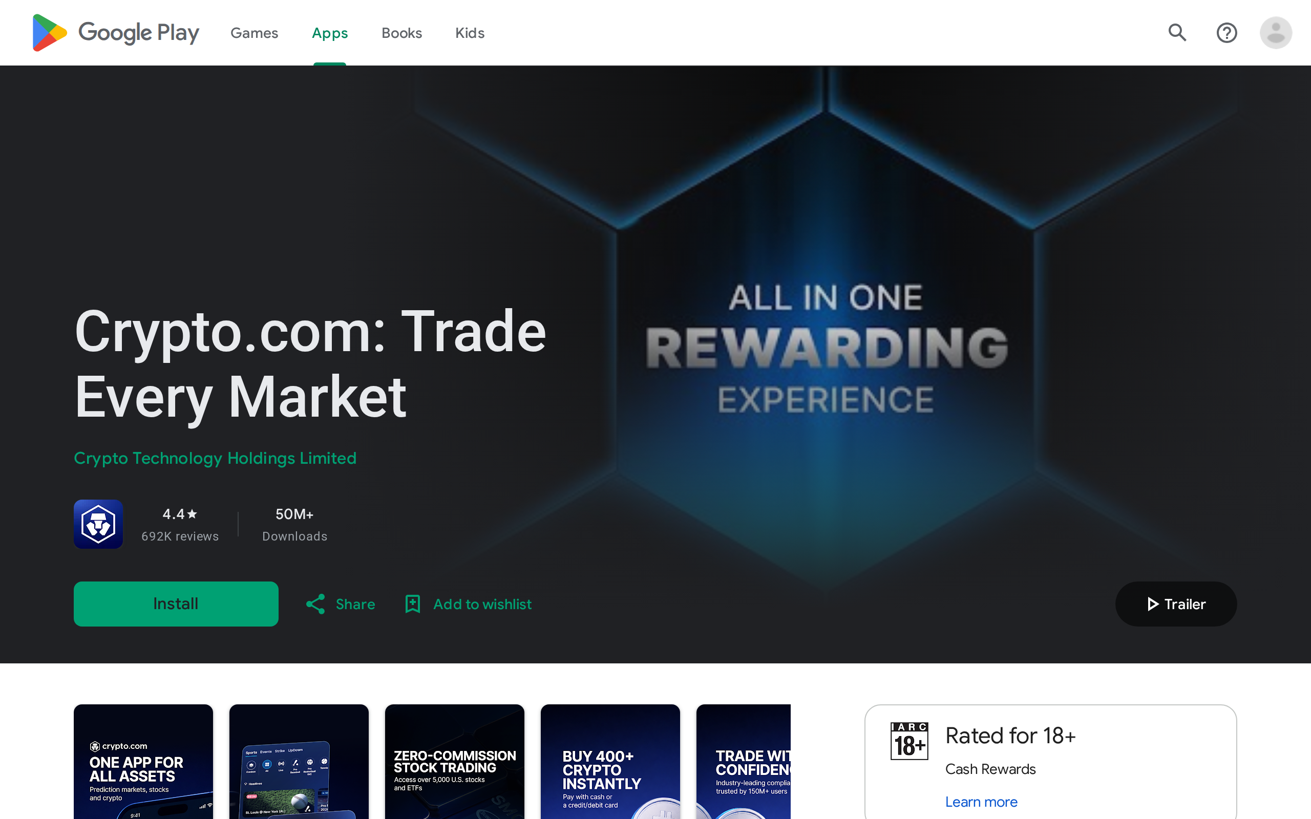 Google Play Store listing for the Crypto.com app, titled 'Crypto.com: Trade Every Market'