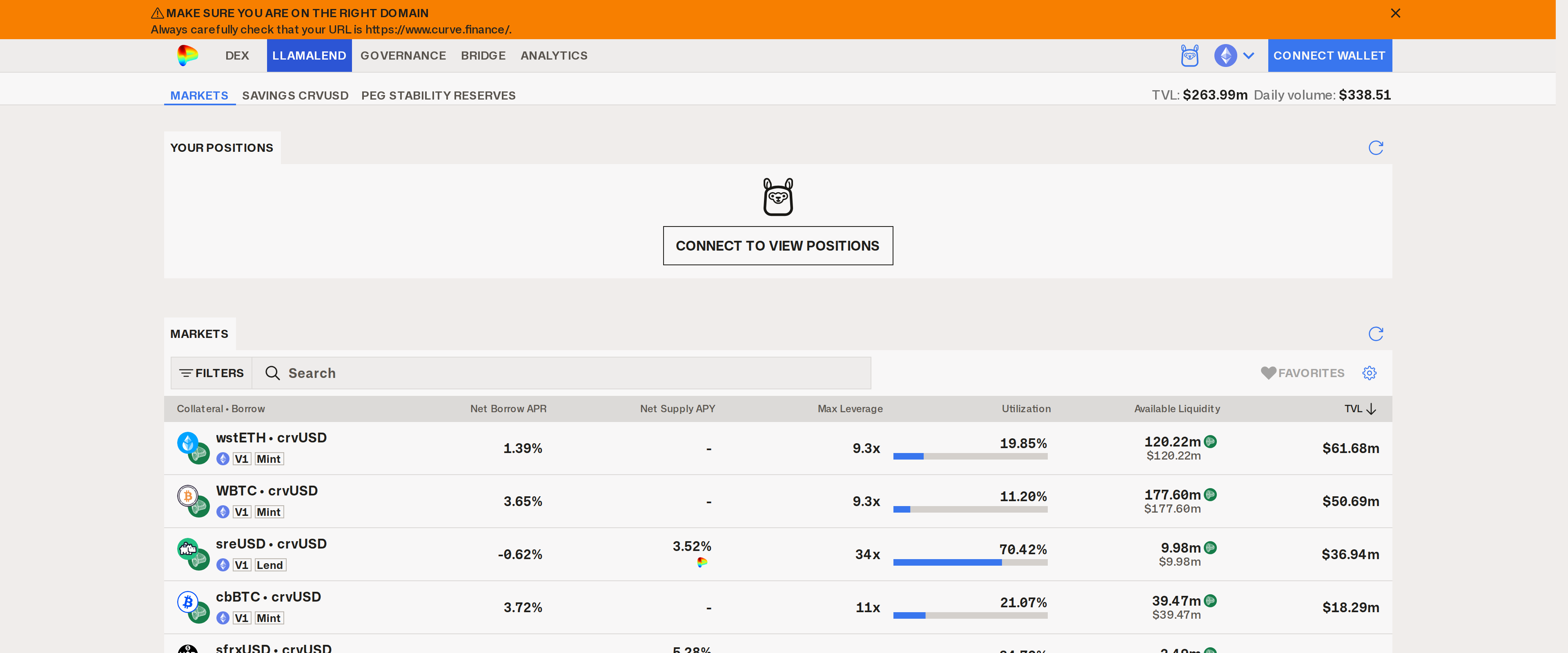 The LlamaLend markets page, listing lending pairs with their prices and available liquidity.
