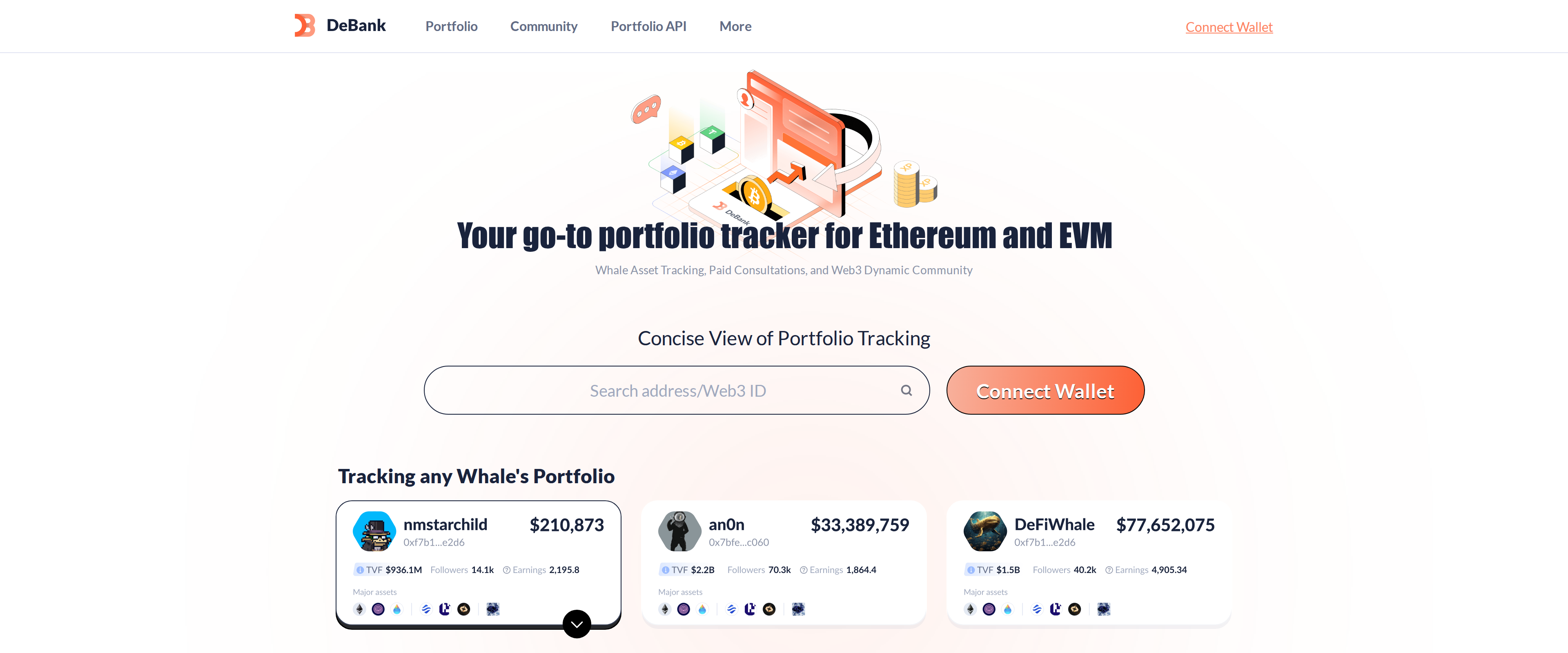 DeBank homepage headlined Your go-to portfolio tracker for Ethereum and EVM, with a search bar and three whale portfolio cards showing balances up to 77 million dollars