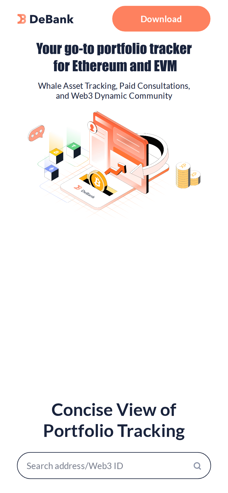 DeBank's homepage rendered at phone width, showing the same portfolio tracker pitch and a search bar for an address or Web3 ID
