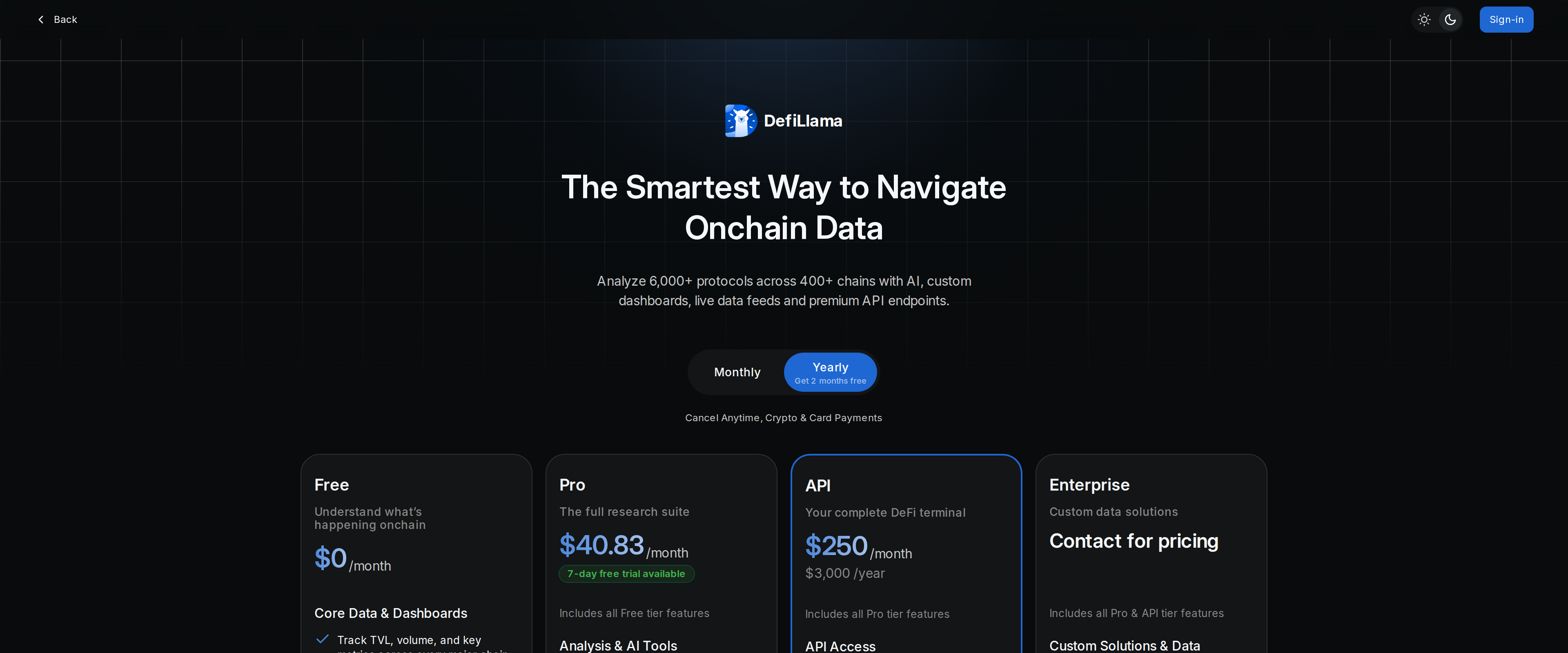 DefiLlama subscription page listing Free, Pro and API pricing tiers