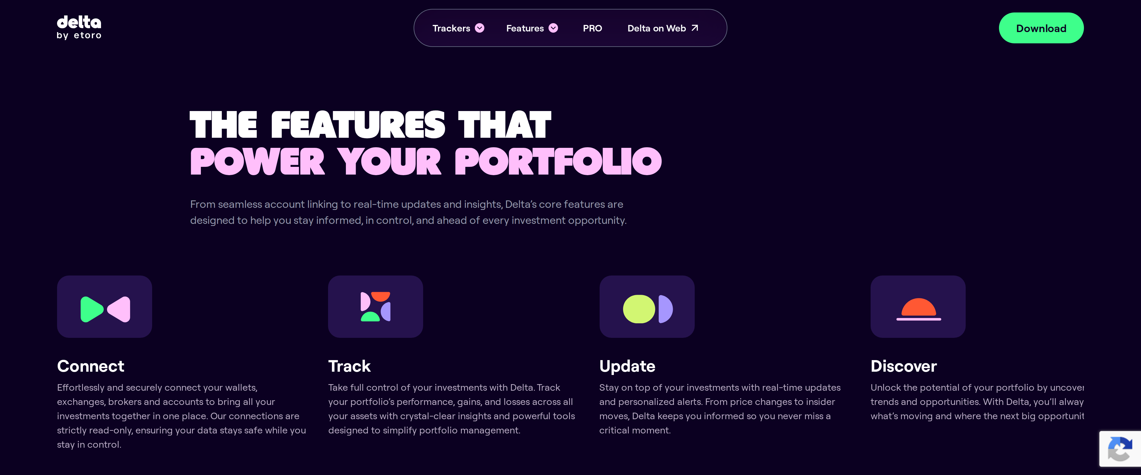 Delta features page listing Connect, Track and Update as the three pillars powering the portfolio