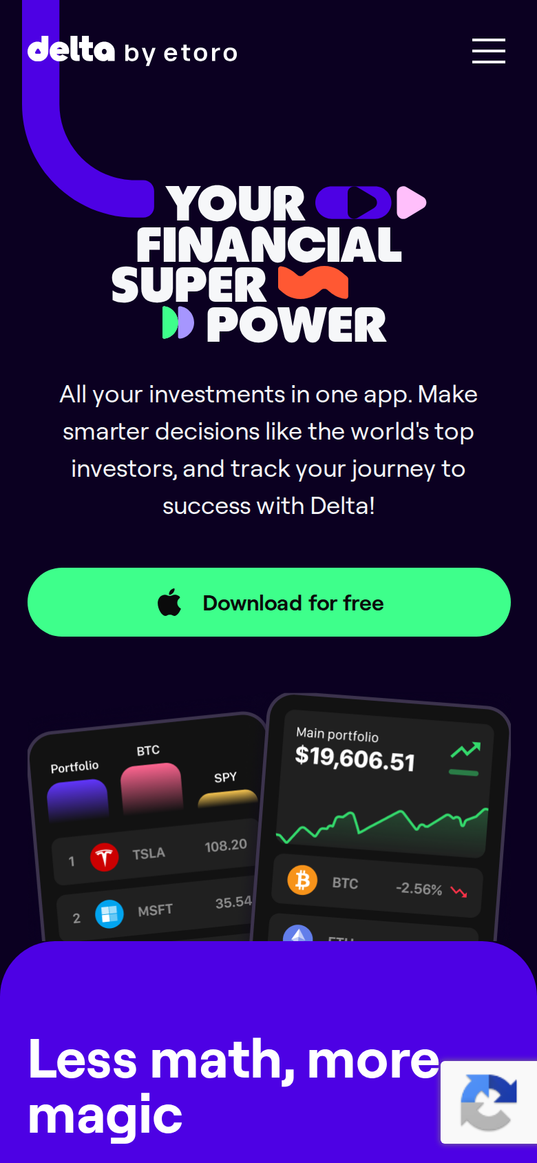 The Delta homepage at phone width, with the portfolio hero stacked above a shorter feature list.
