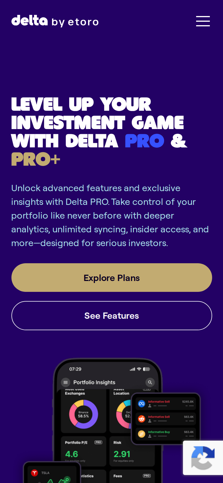 The Delta Pro page rendered at phone width, showing the same upgrade pitch in a single scrollable column.
