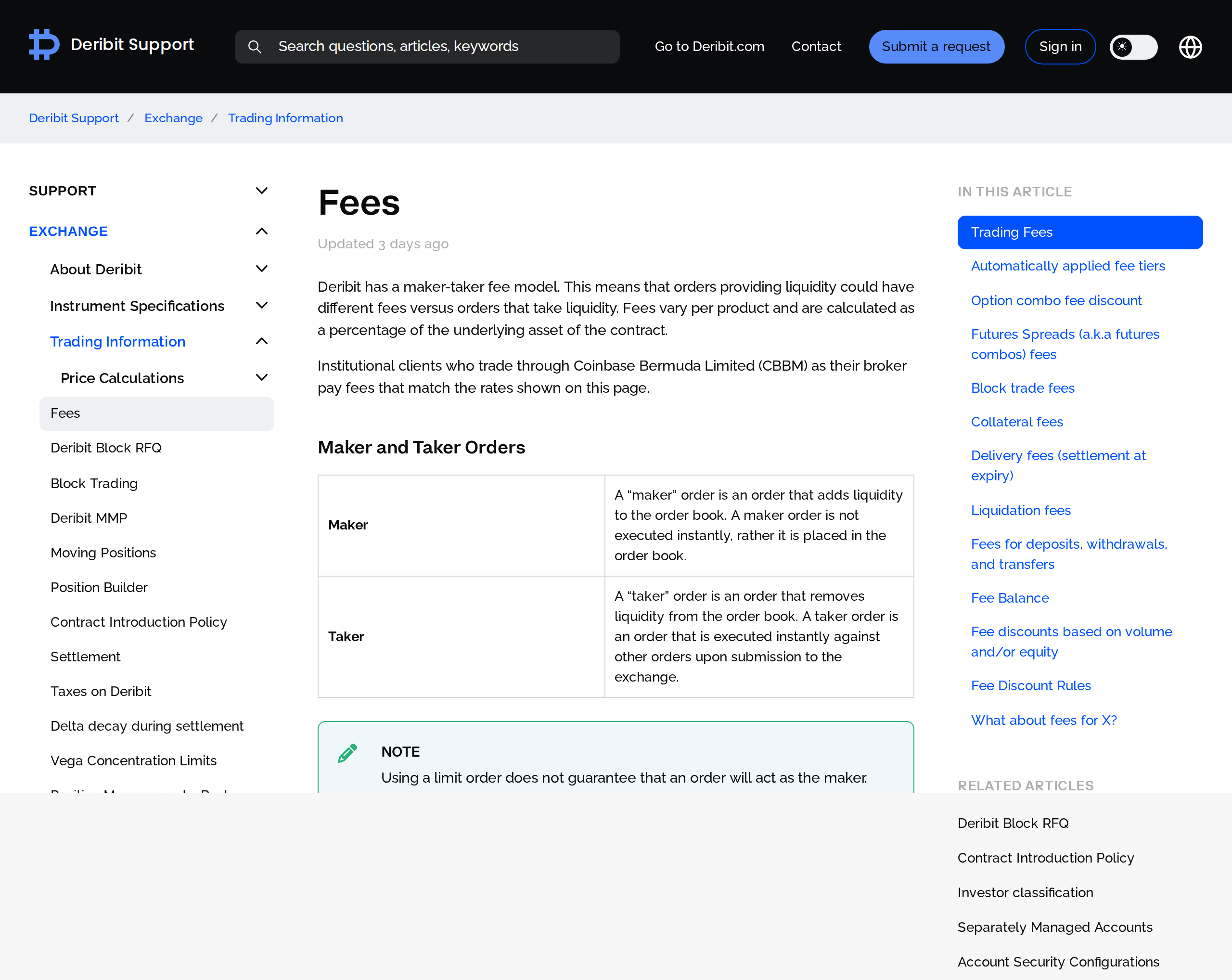 Deribit's fee support article explaining maker and taker orders and the fee model