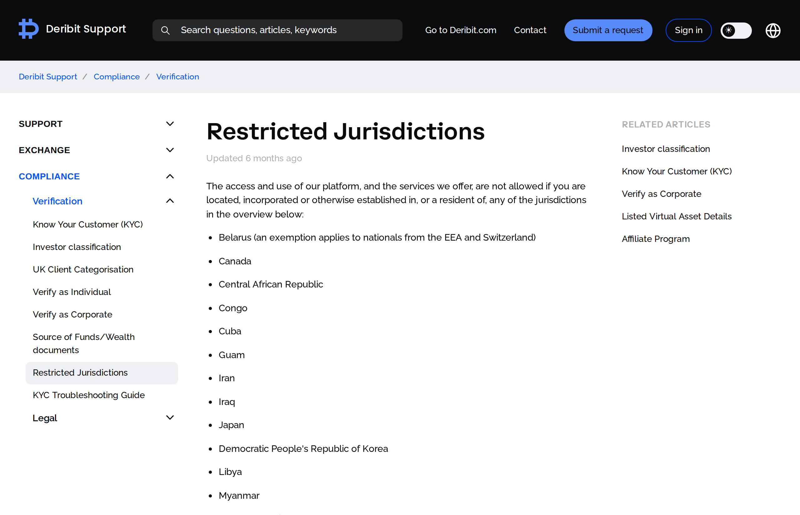 Deribit's restricted jurisdictions support article listing countries and regions barred from the platform