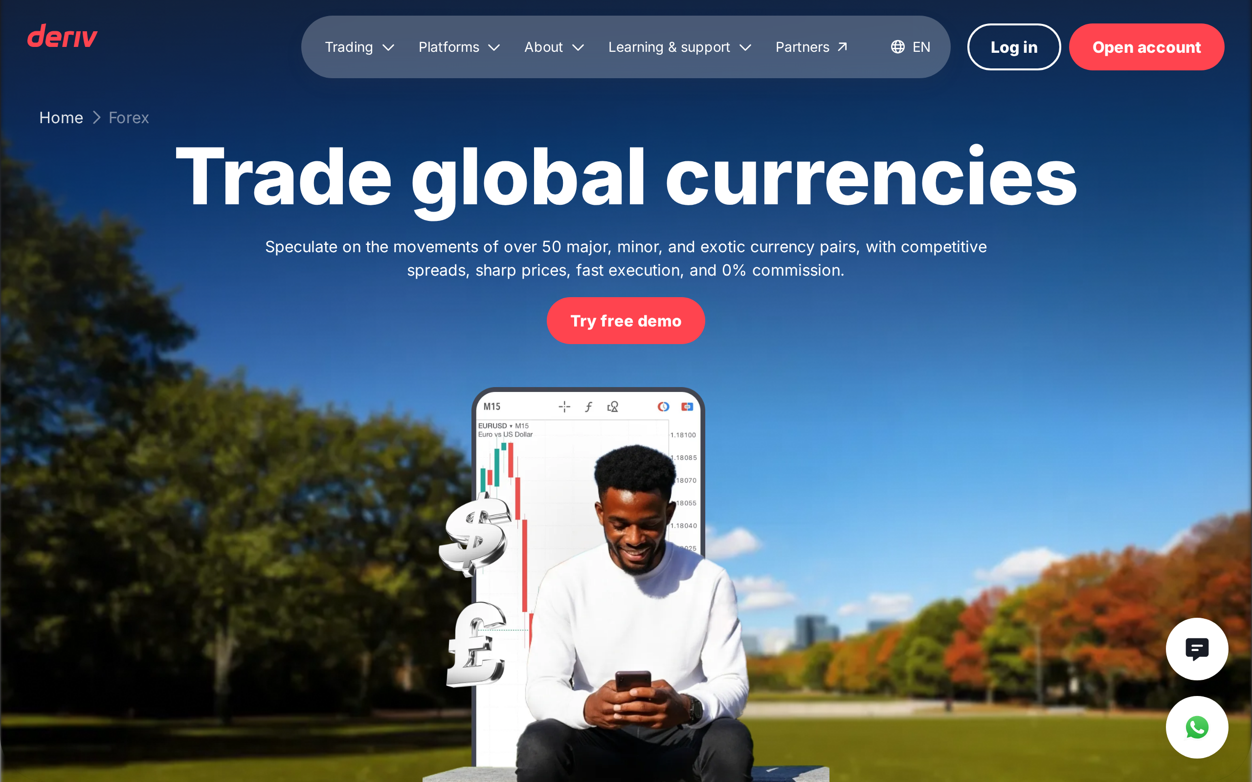 Forex trading page headline reading Trade global currencies describing more than 50 pairs at competitive spreads