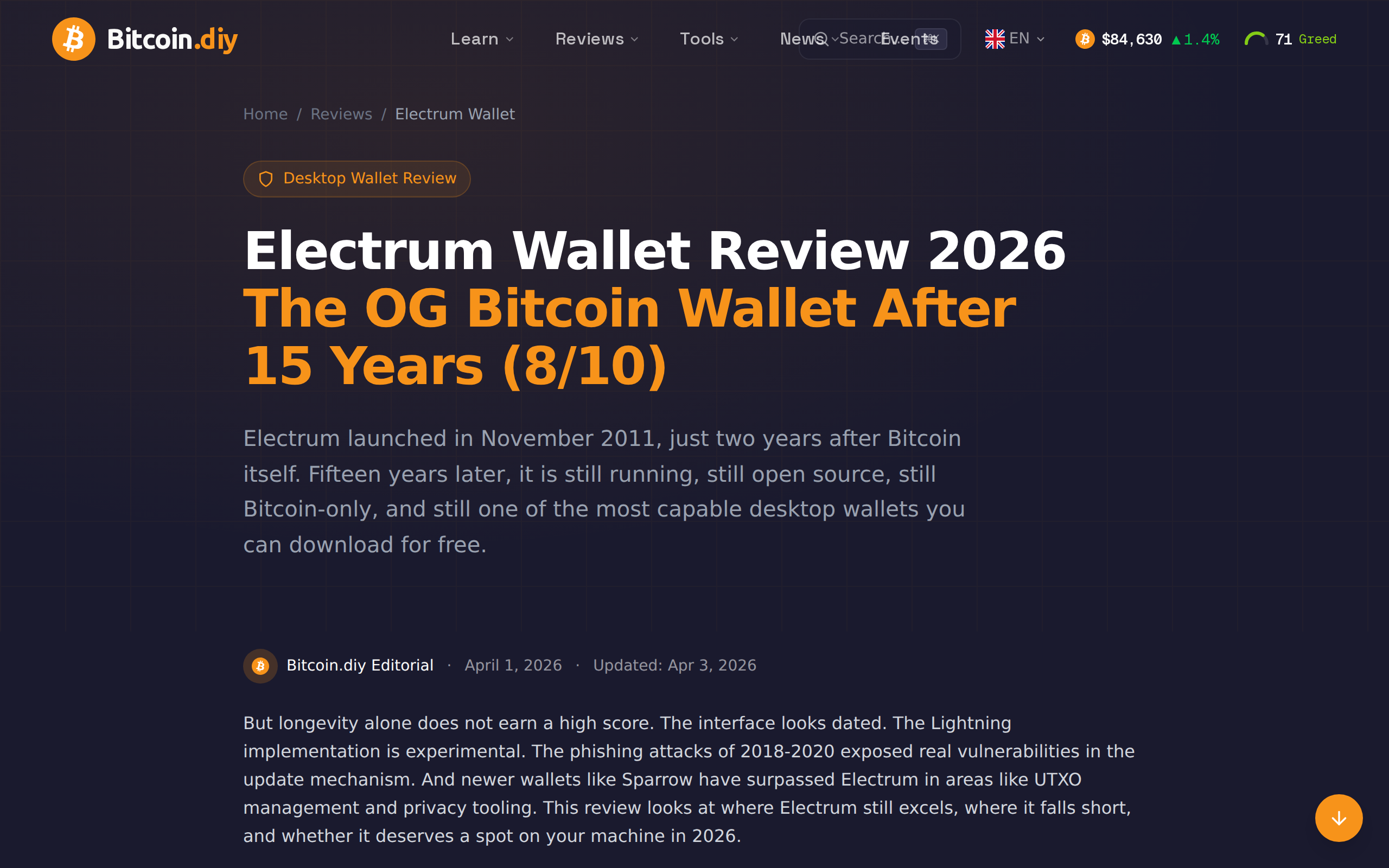 Independent review page scoring Electrum 8 out of 10 as the OG Bitcoin wallet after 15 years