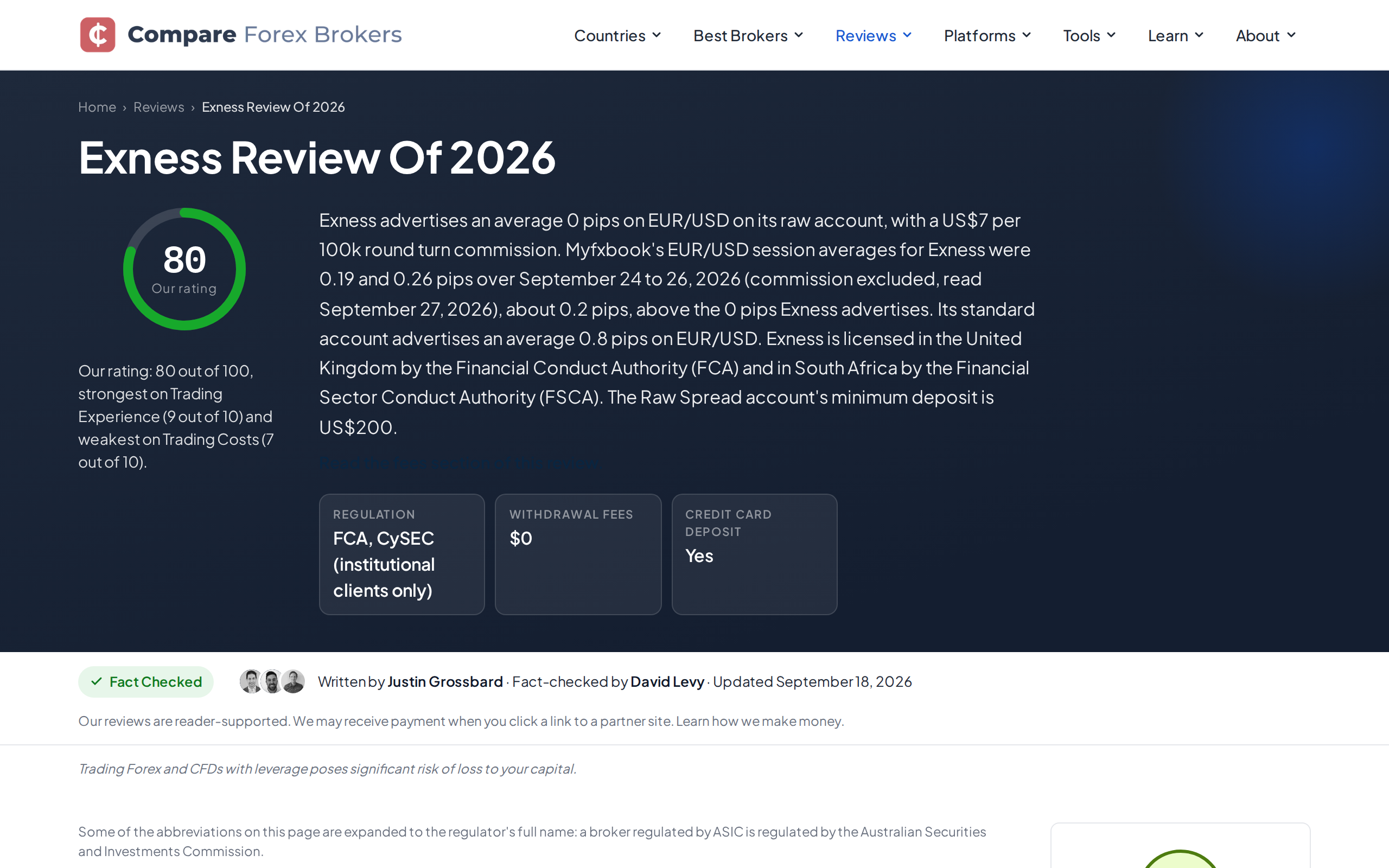 Exness Review Of 2026 page from an independent comparison site listing broker award categories